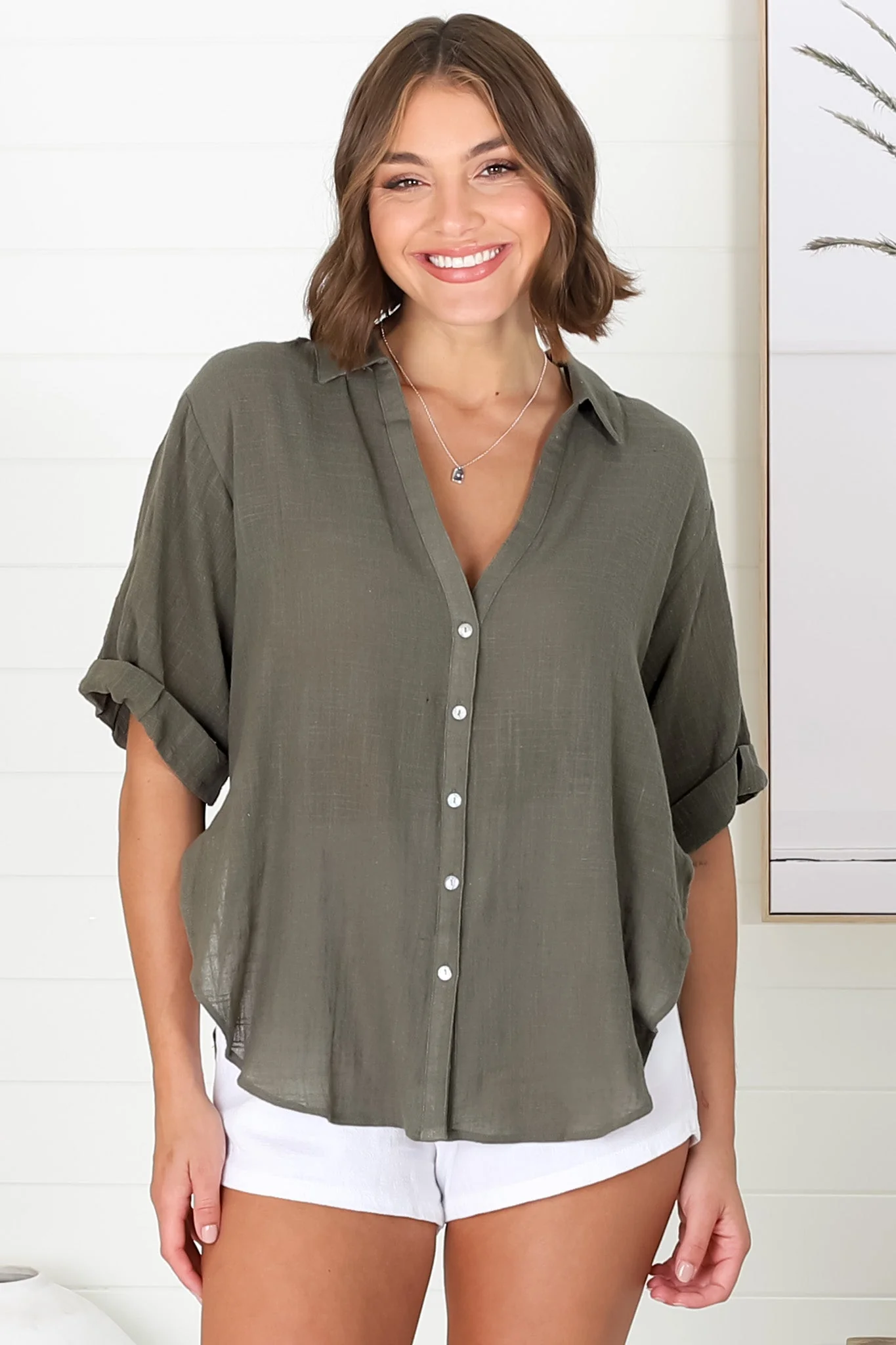 Shelly Shirt - Linen Collared Button Down Shirt in Military Green - Image 6