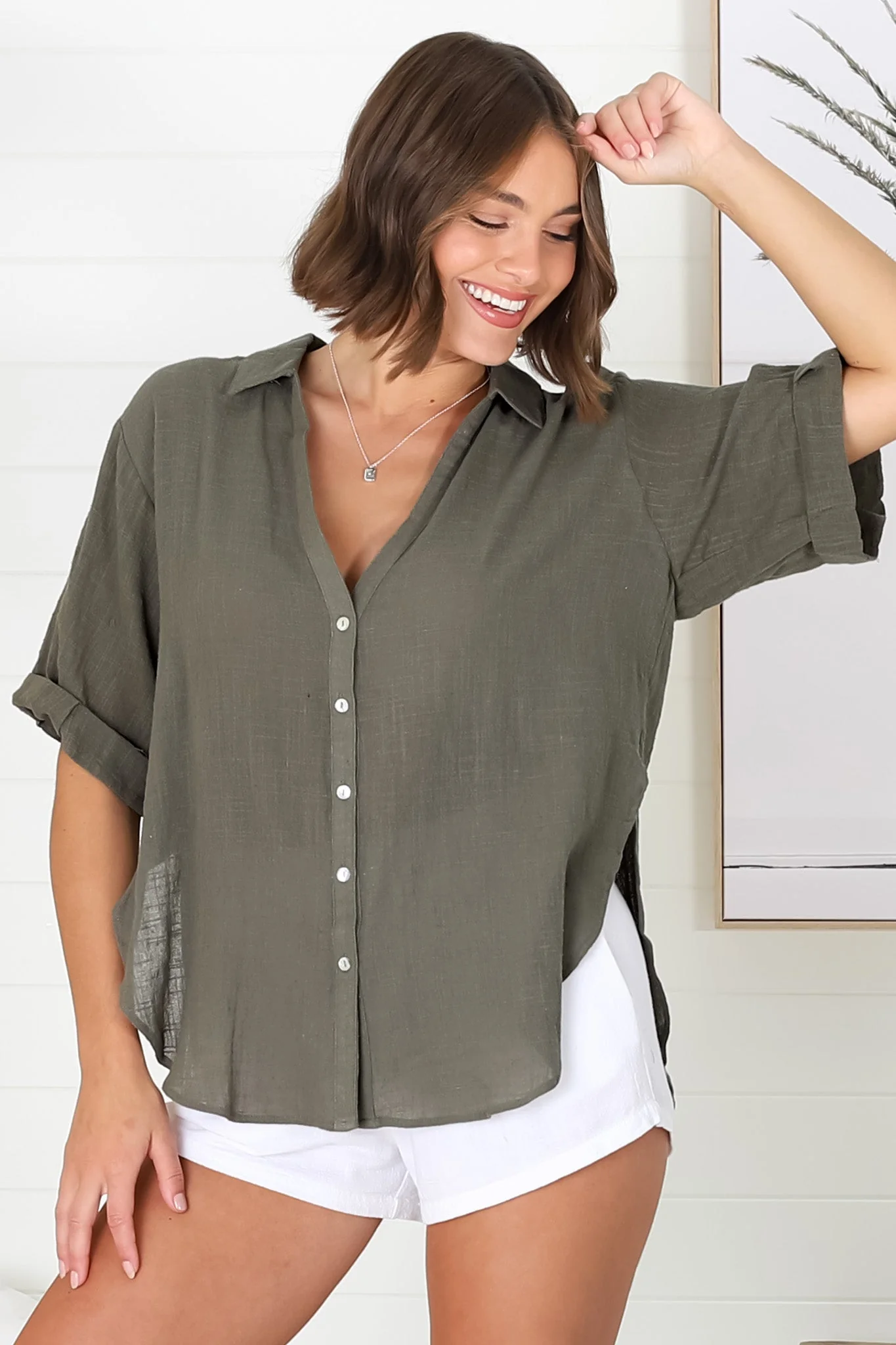 Shelly Shirt - Linen Collared Button Down Shirt in Military Green - Image 8