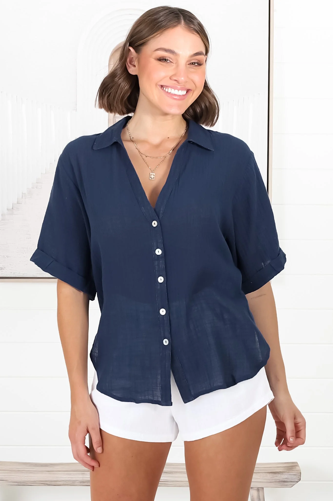 Shelly Shirt - Linen Collared Button Down Shirt in Navy - Image 12