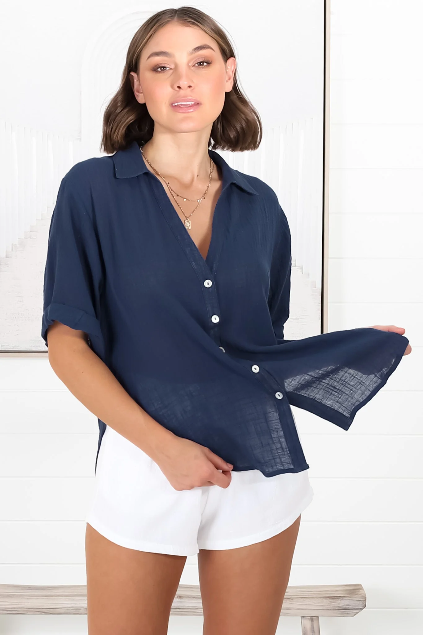 Shelly Shirt - Linen Collared Button Down Shirt in Navy - Image 13
