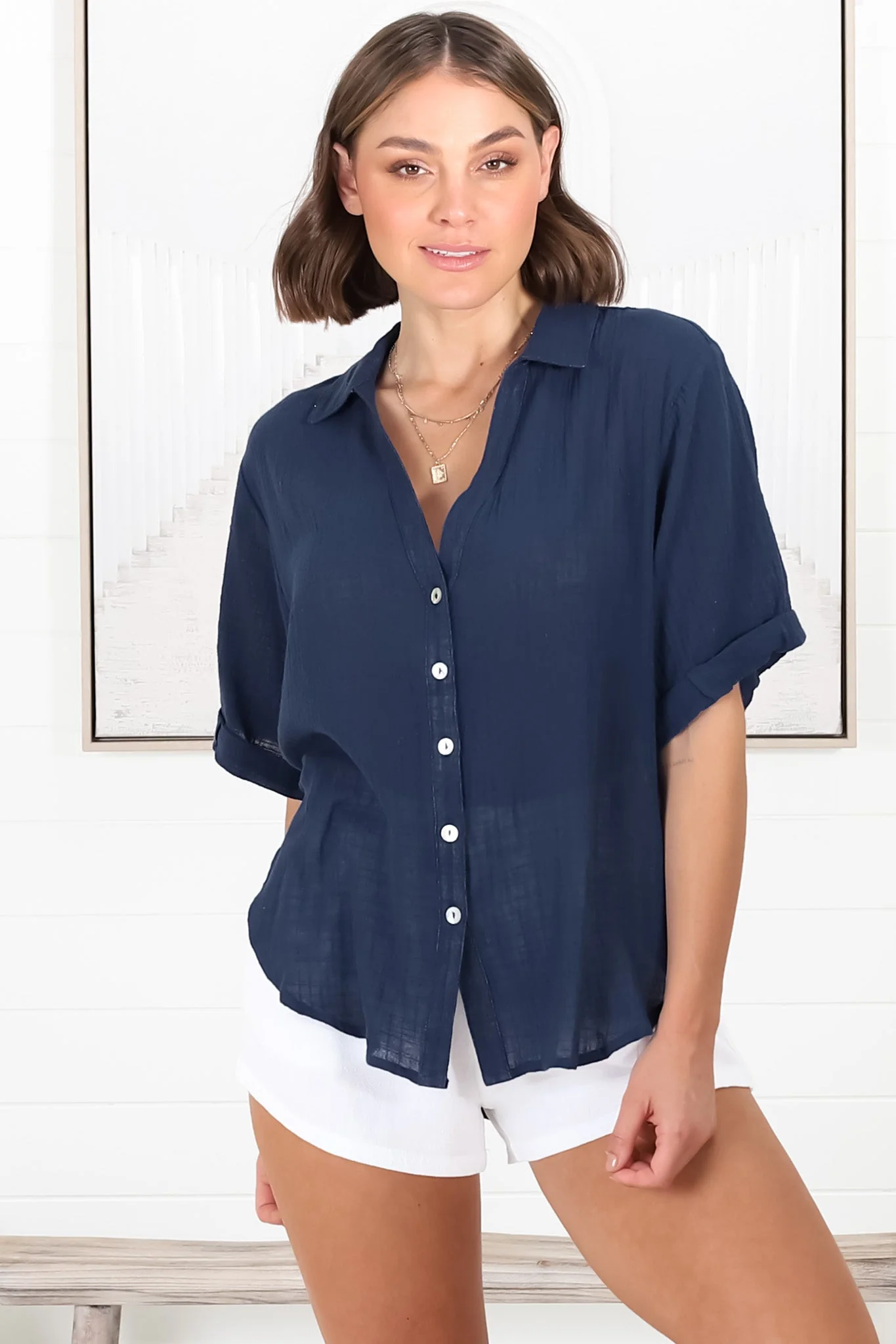 Shelly Shirt - Linen Collared Button Down Shirt in Navy - Image 16