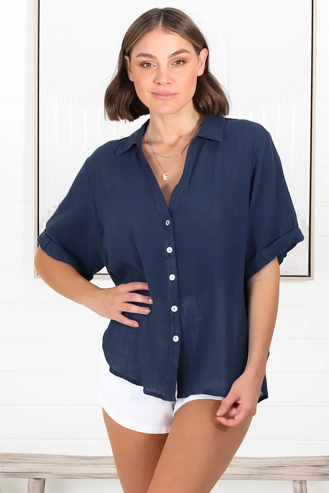Shelly Shirt - Linen Collared Button Down Shirt in Navy - Image 17