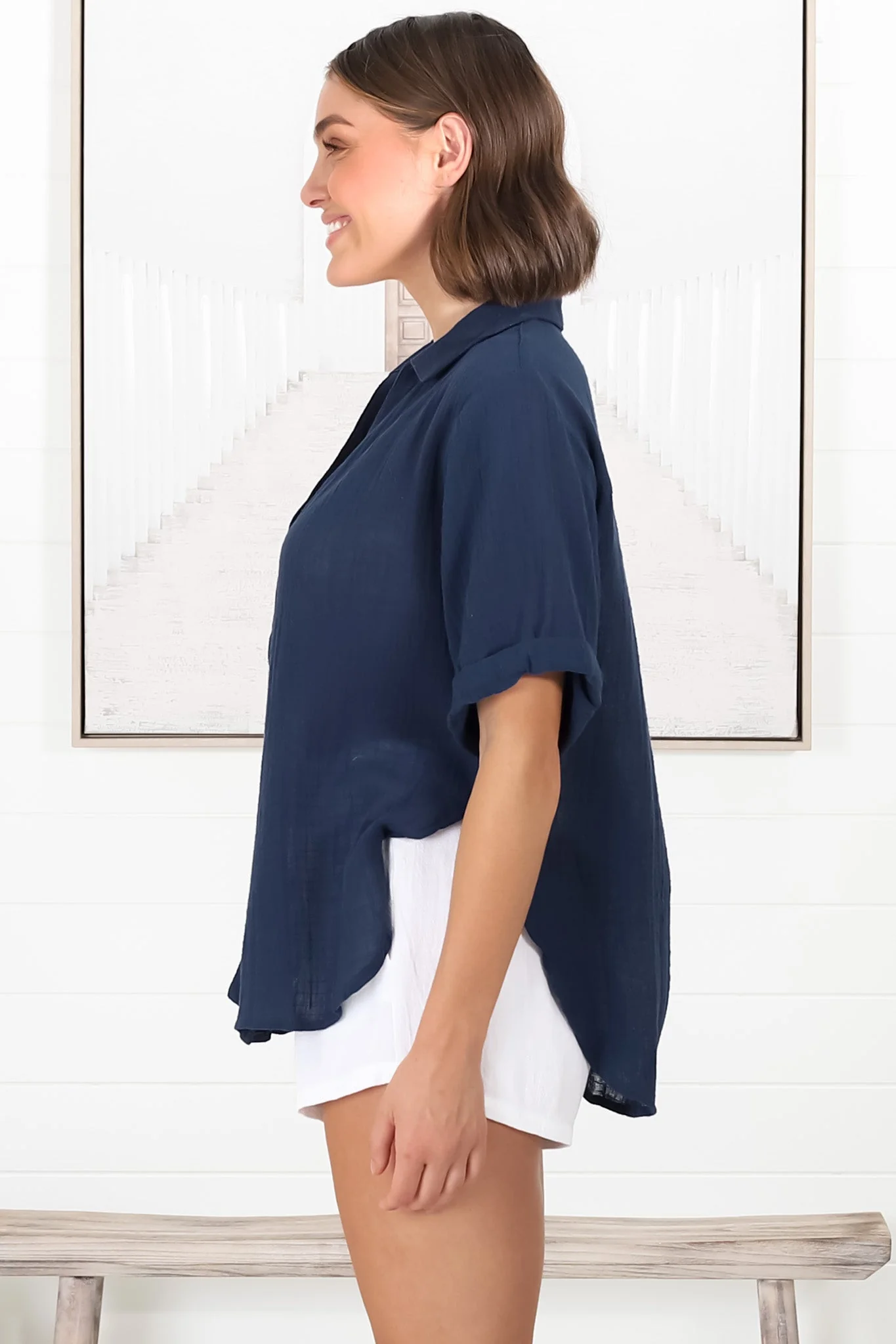 Shelly Shirt - Linen Collared Button Down Shirt in Navy - Image 19