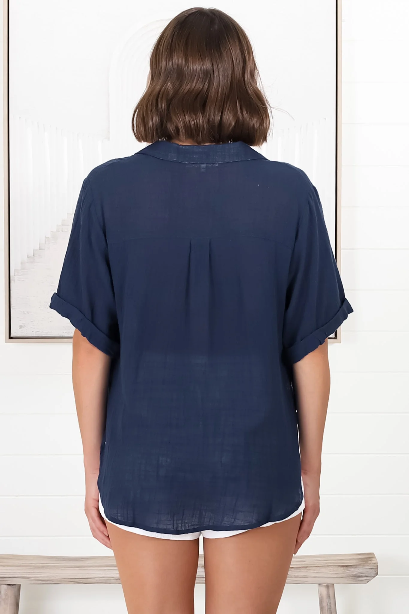 Shelly Shirt - Linen Collared Button Down Shirt in Navy - Image 20