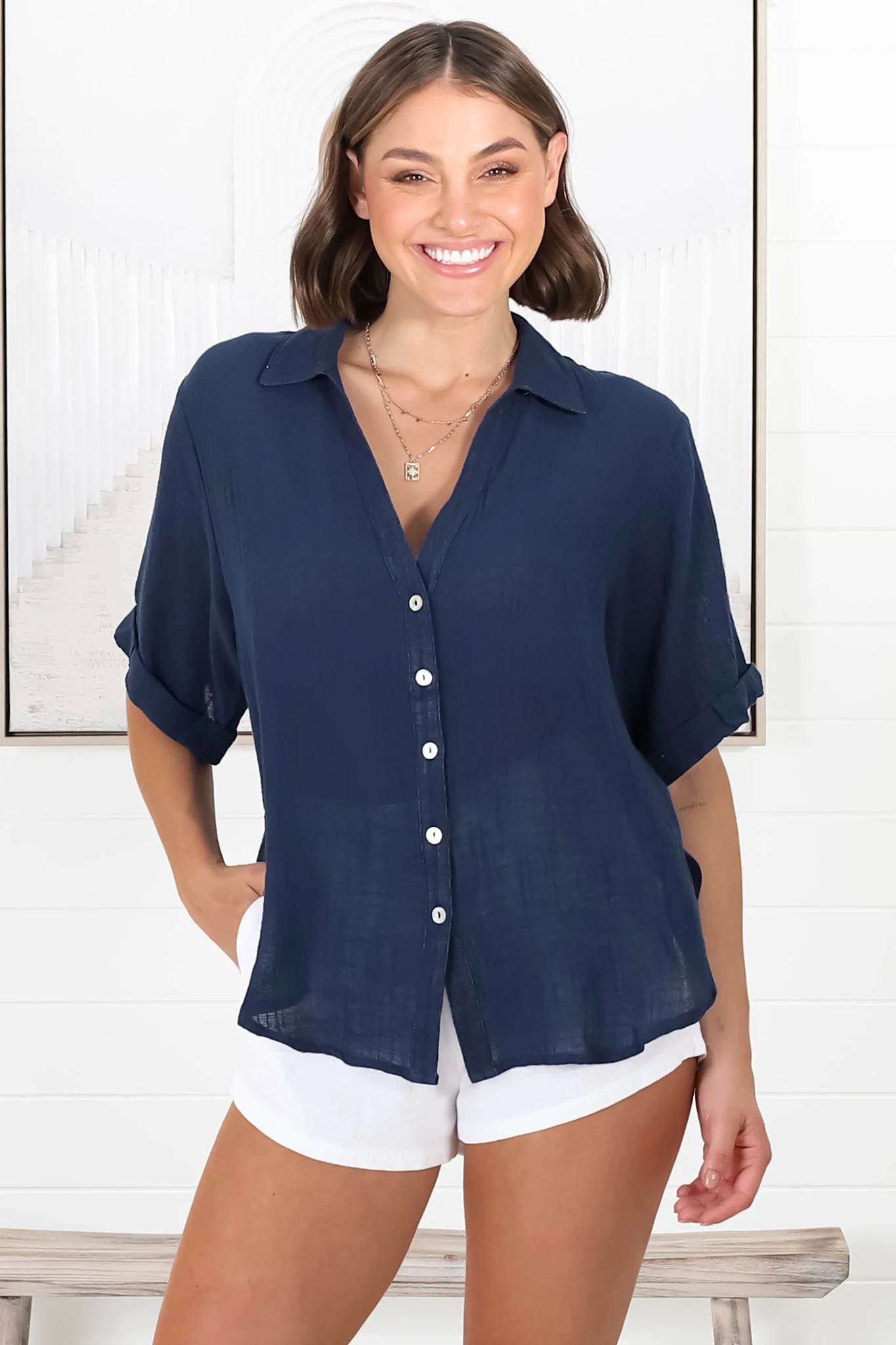 Shelly Shirt - Linen Collared Button Down Shirt in Navy - Image 4