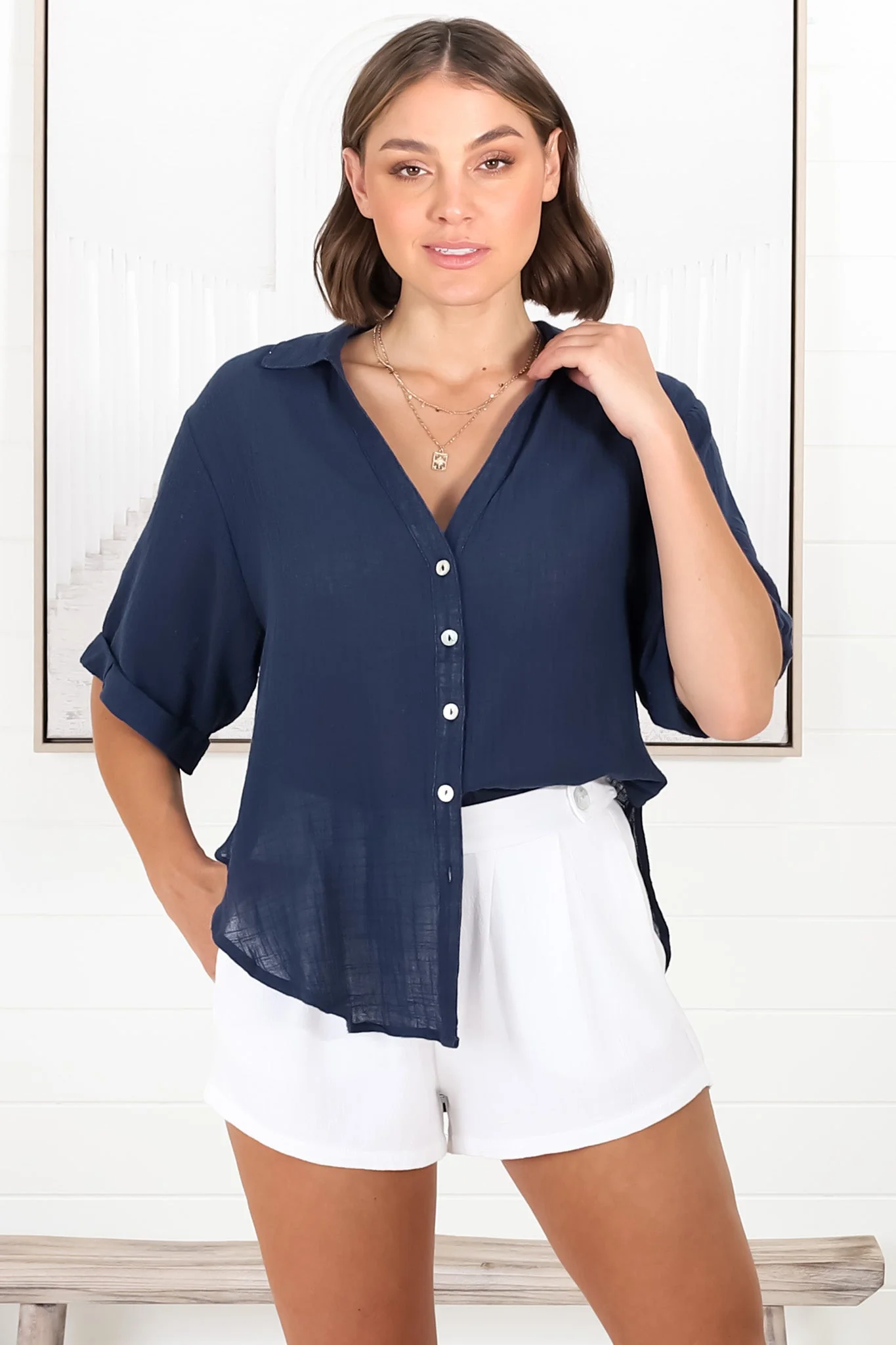 Shelly Shirt - Linen Collared Button Down Shirt in Navy - Image 8