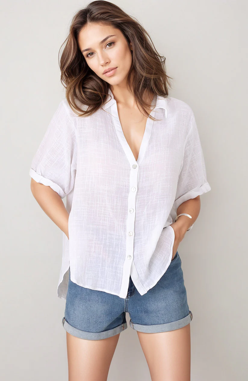 Shelly Shirt - Linen Collared Button Down Shirt in White - Image 10