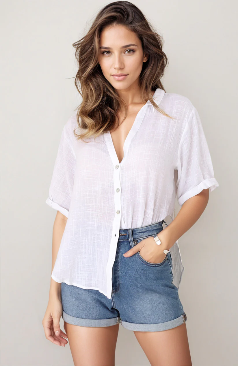 Shelly Shirt - Linen Collared Button Down Shirt in White - Image 9
