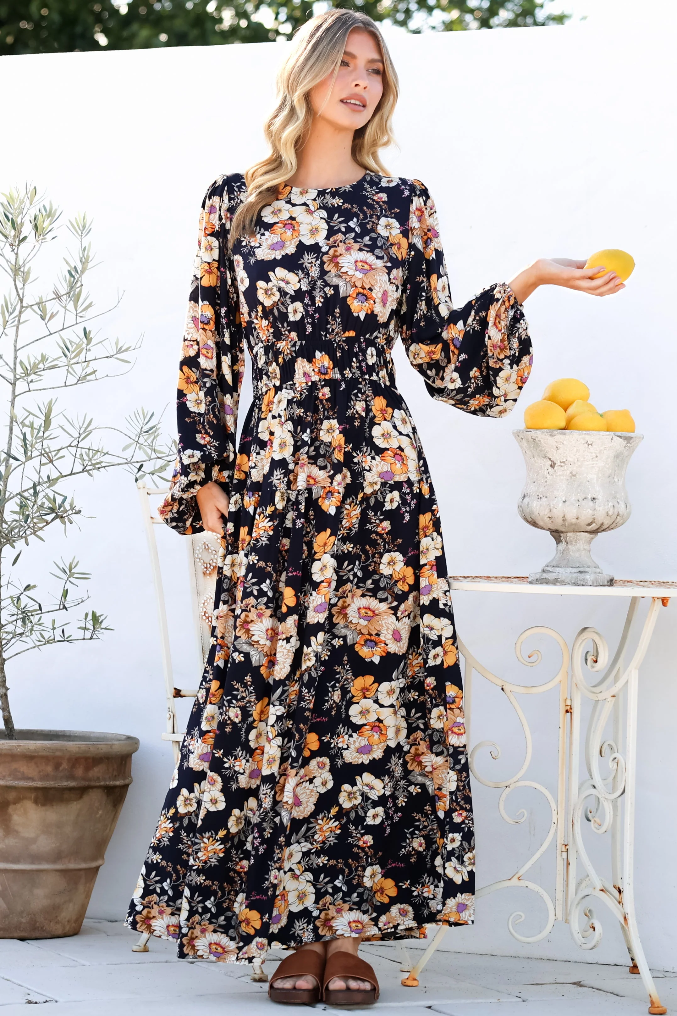 Sheyne Maxi Dress - Long Balloon Sleeve Elasicated Waist A Line Dress in Autumn Print
