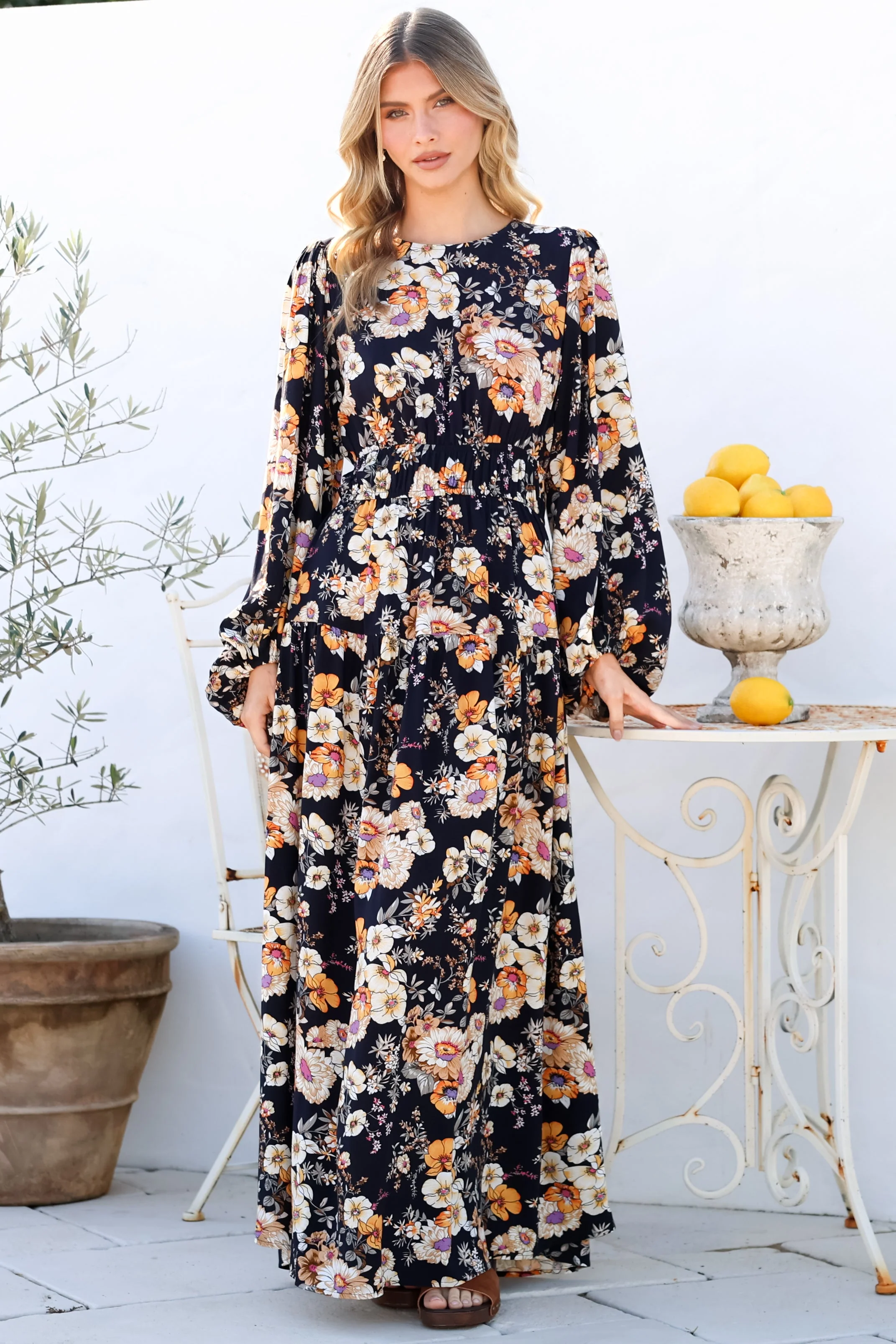 Sheyne Maxi Dress - Long Balloon Sleeve Elasicated Waist A Line Dress in Autumn Print - Image 5