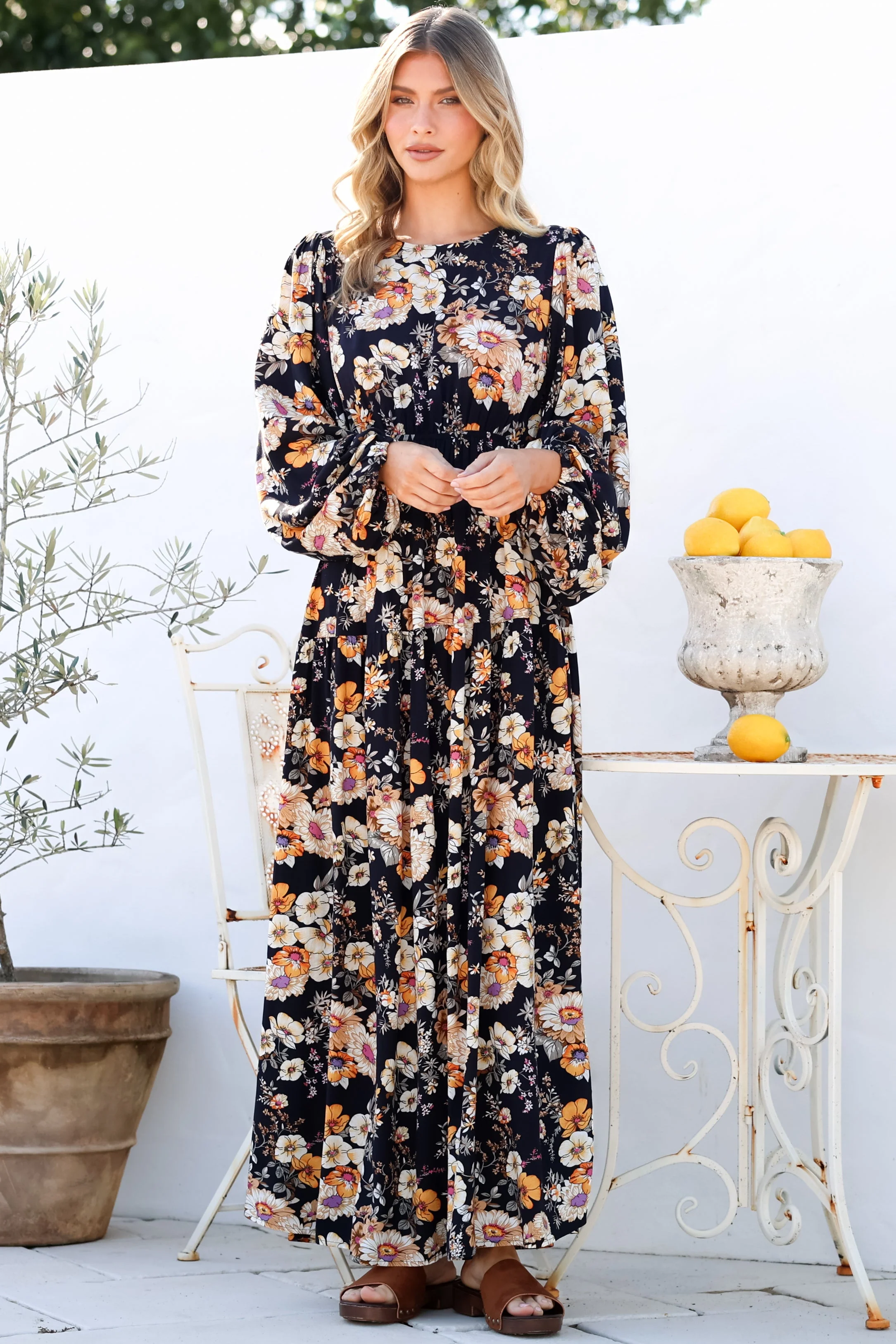 Sheyne Maxi Dress - Long Balloon Sleeve Elasicated Waist A Line Dress in Autumn Print - Image 6
