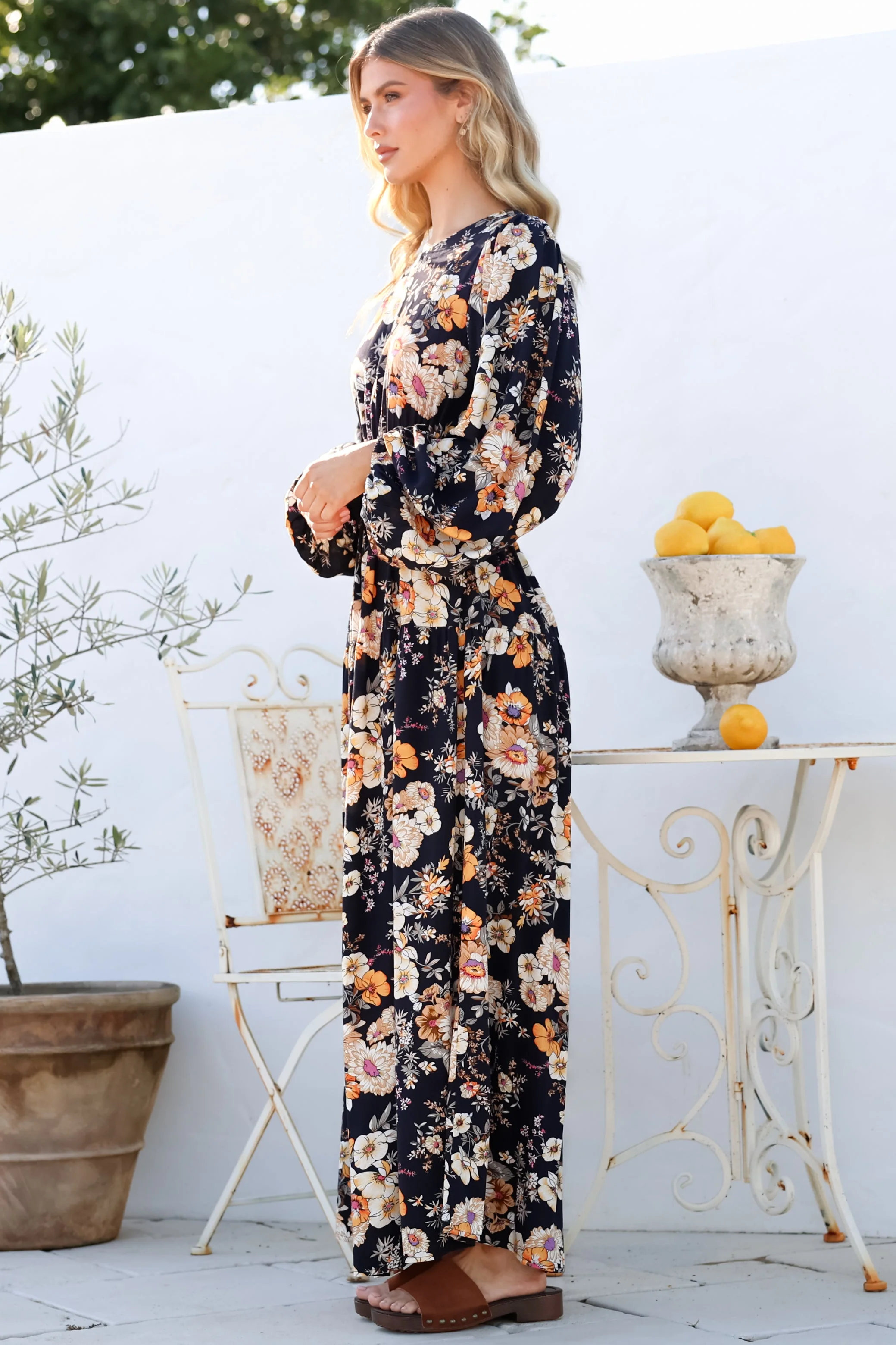 Sheyne Maxi Dress - Long Balloon Sleeve Elasicated Waist A Line Dress in Autumn Print - Image 8
