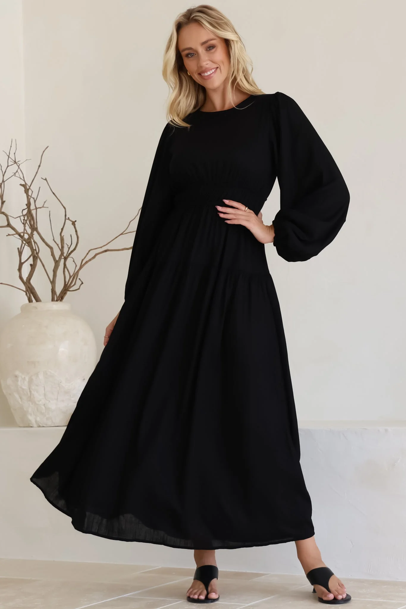 Sheyne Maxi Dress - Long Balloon Sleeve Elasicated Waist A Line Dress in Black - Image 11