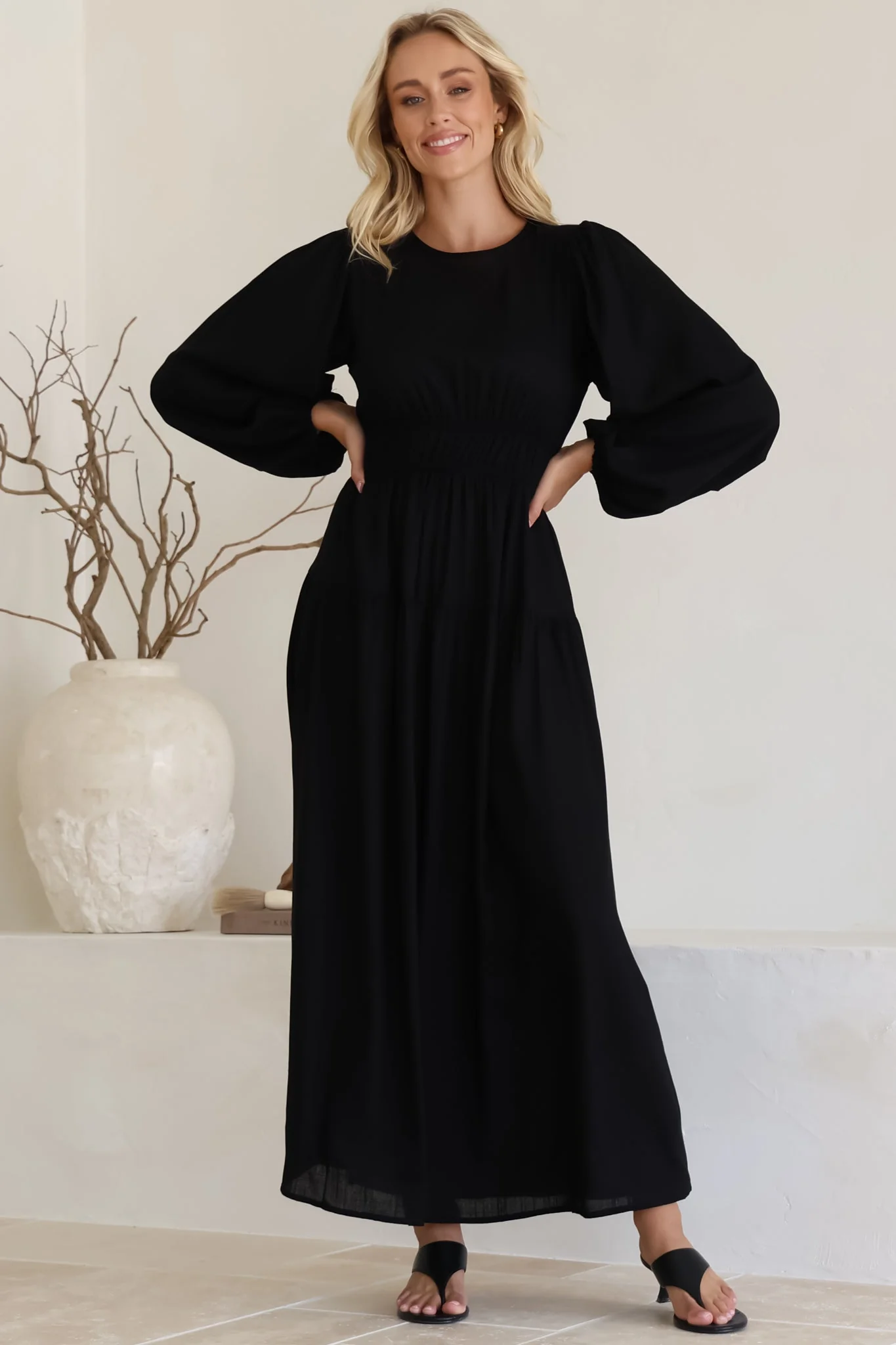 Sheyne Maxi Dress - Long Balloon Sleeve Elasicated Waist A Line Dress in Black - Image 9
