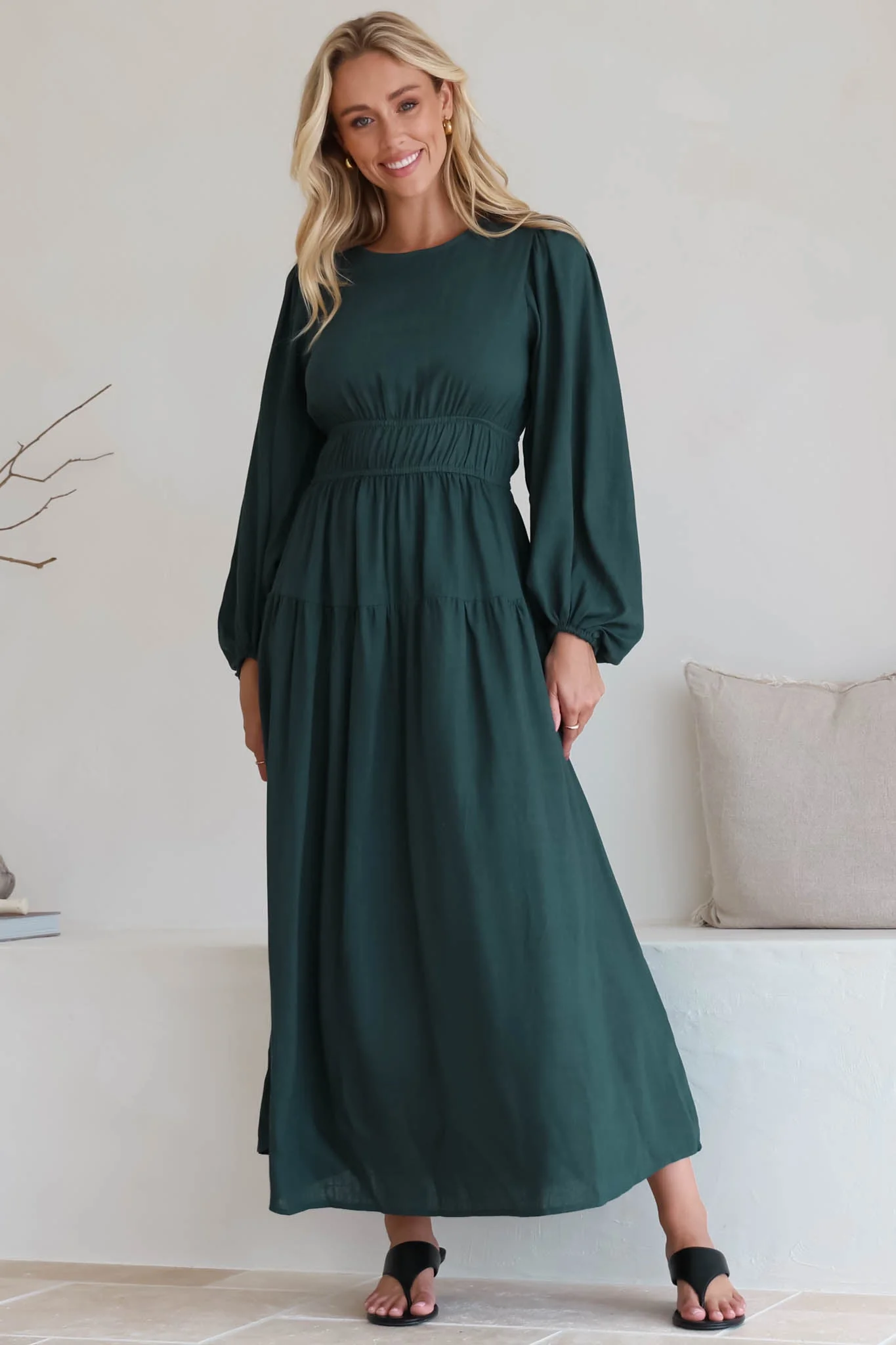 Sheyne Maxi Dress - Long Balloon Sleeve Elasicated Waist A Line Dress in Green - Image 10