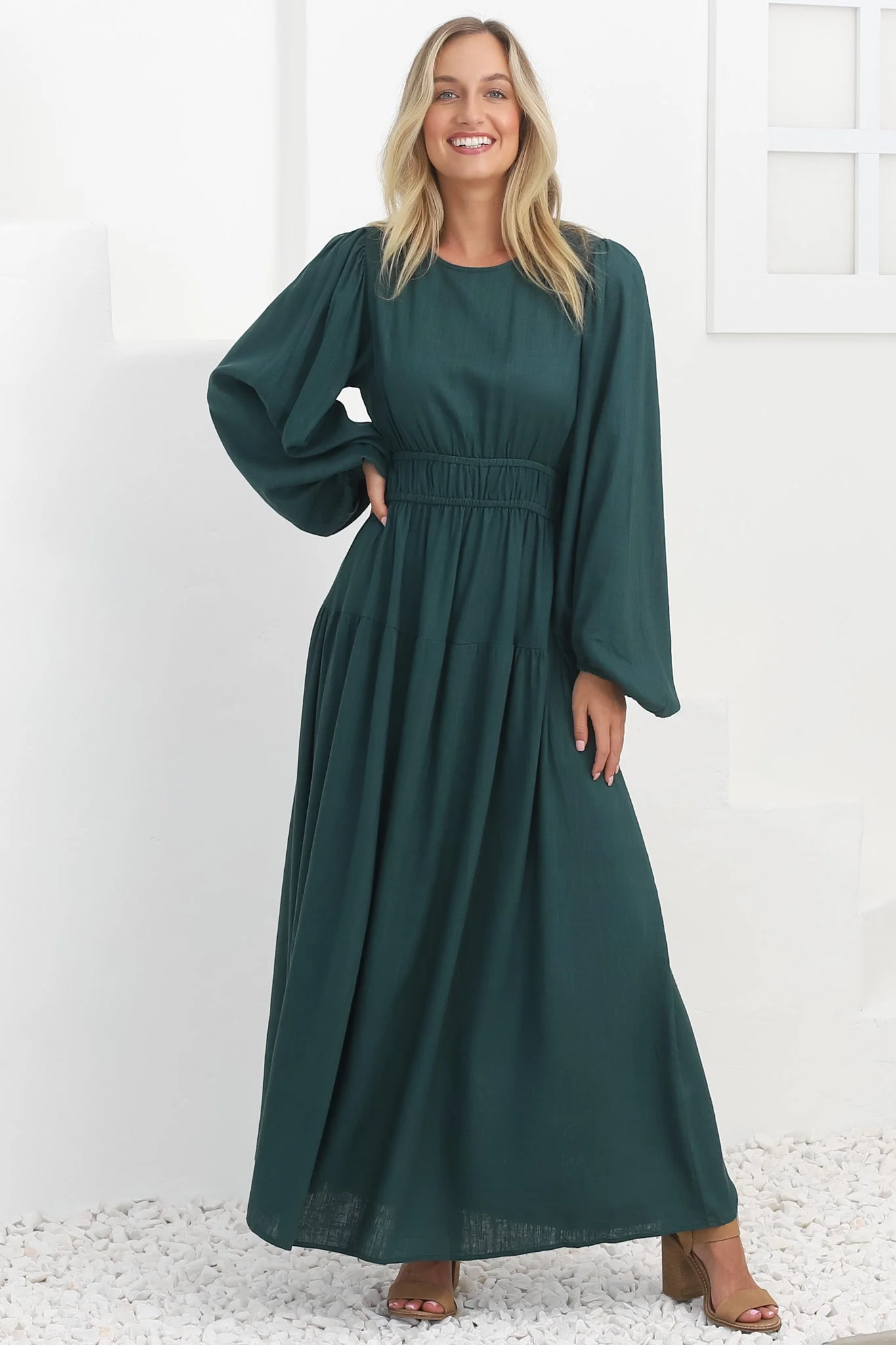 Sheyne Maxi Dress - Long Balloon Sleeve Elasicated Waist A Line Dress in Green - Image 12
