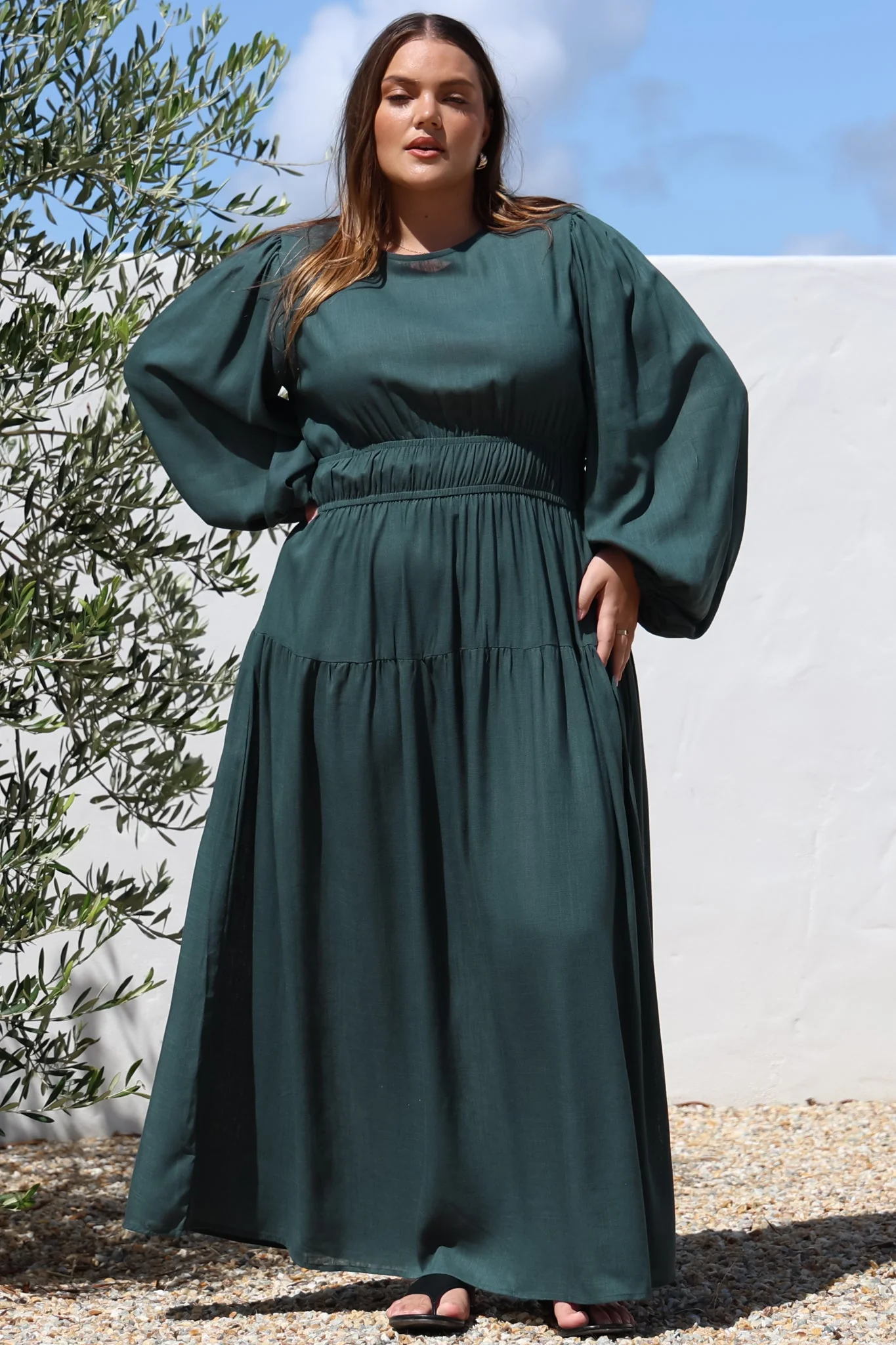 Sheyne Maxi Dress - Long Balloon Sleeve Elasicated Waist A Line Dress in Green - Image 13