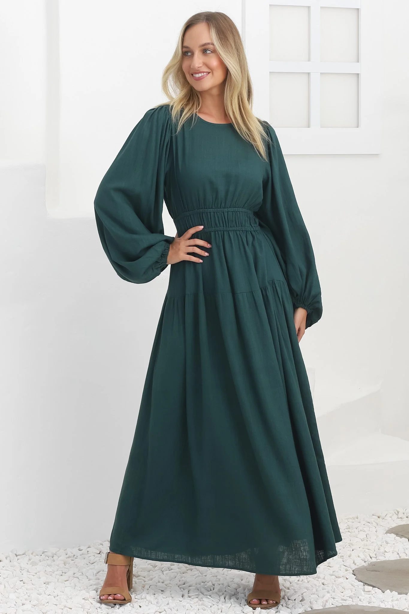 Sheyne Maxi Dress - Long Balloon Sleeve Elasicated Waist A Line Dress in Green - Image 14
