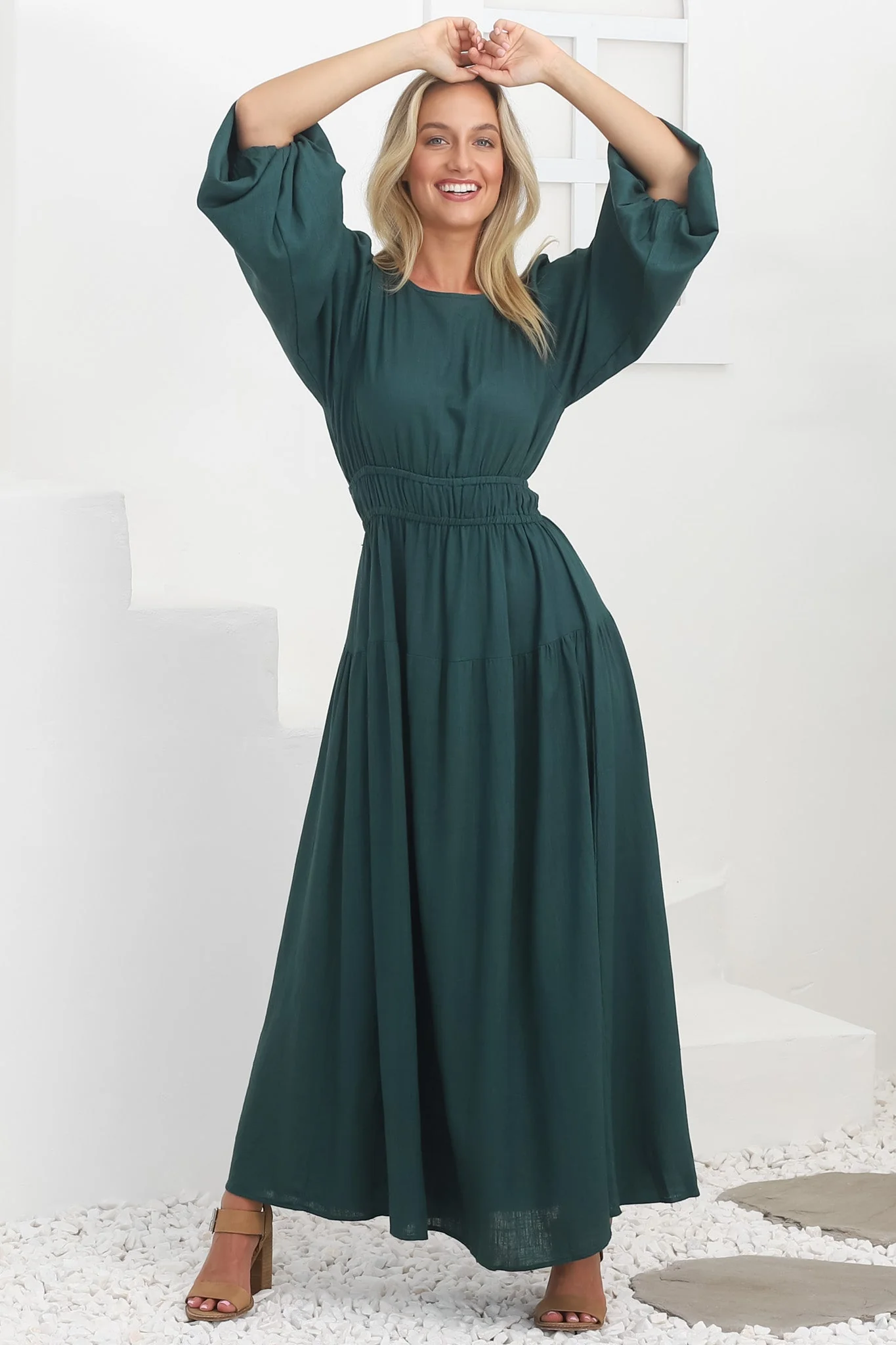 Sheyne Maxi Dress - Long Balloon Sleeve Elasicated Waist A Line Dress in Green - Image 15