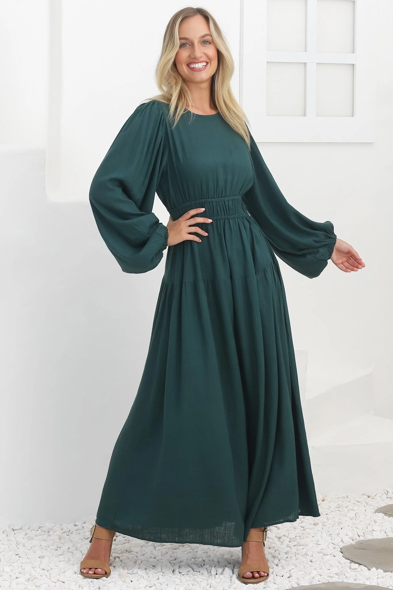 Sheyne Maxi Dress - Long Balloon Sleeve Elasicated Waist A Line Dress in Green - Image 16