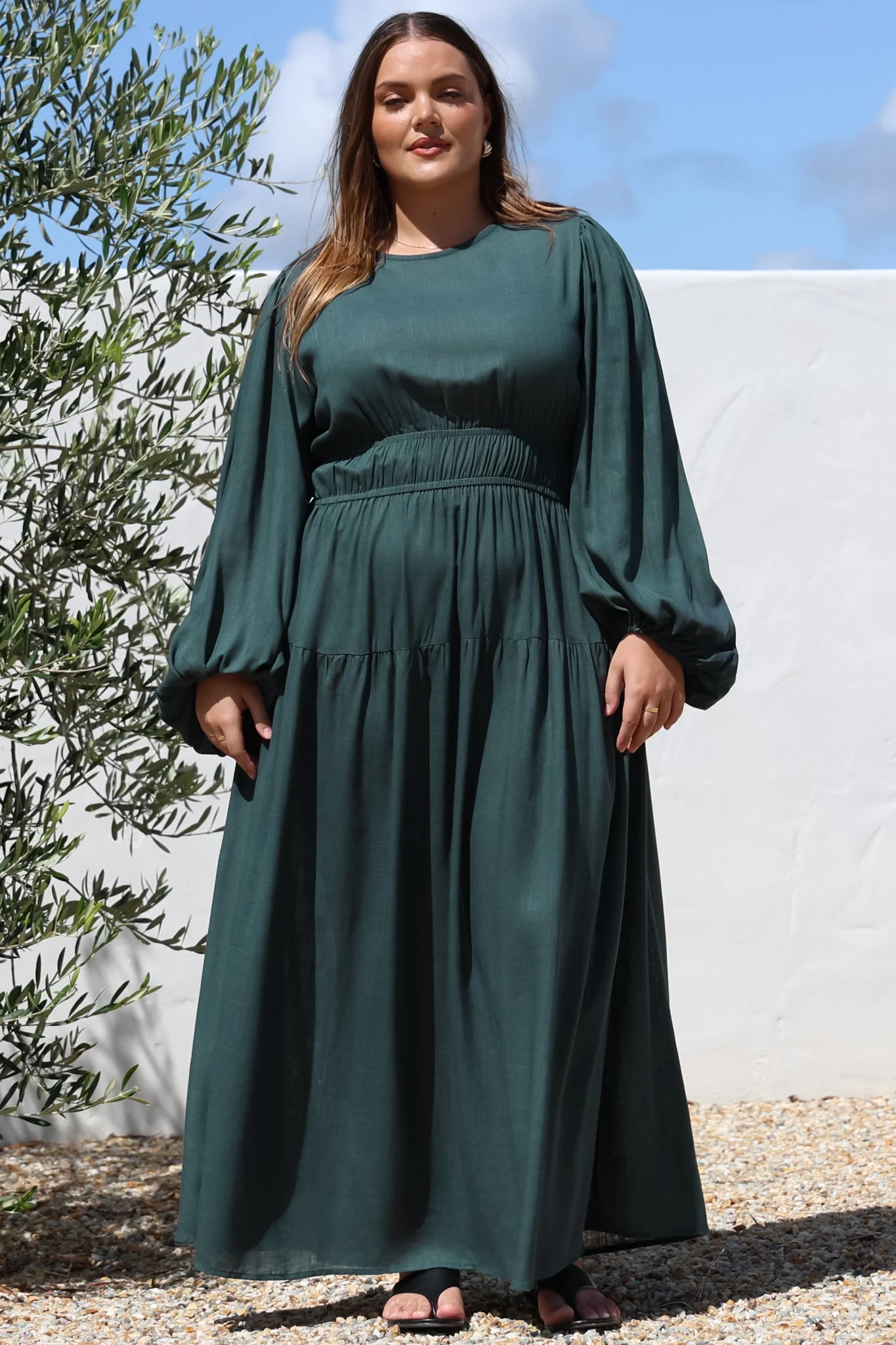 Sheyne Maxi Dress - Long Balloon Sleeve Elasicated Waist A Line Dress in Green - Image 17