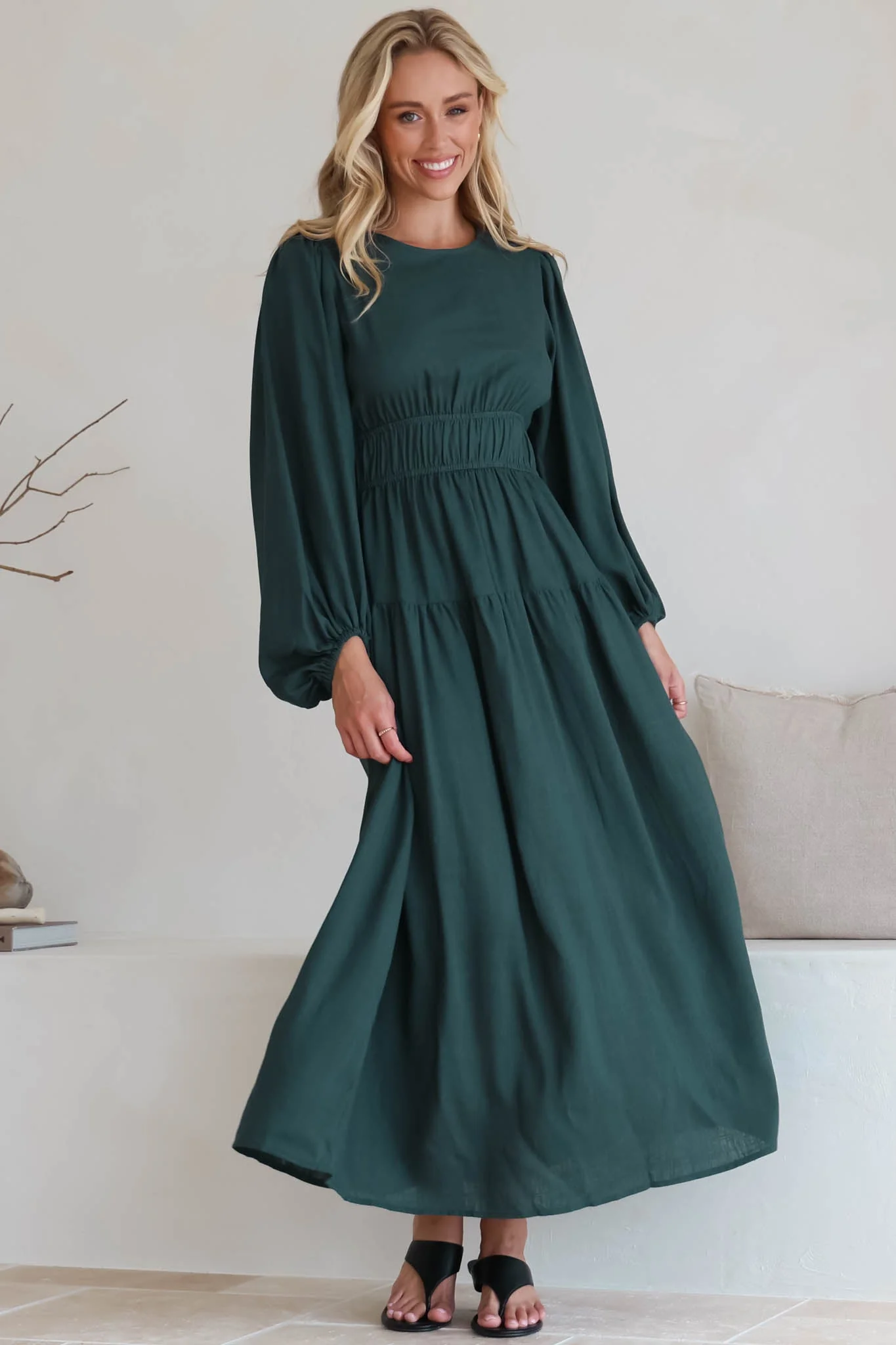 Sheyne Maxi Dress - Long Balloon Sleeve Elasicated Waist A Line Dress in Green - Image 18