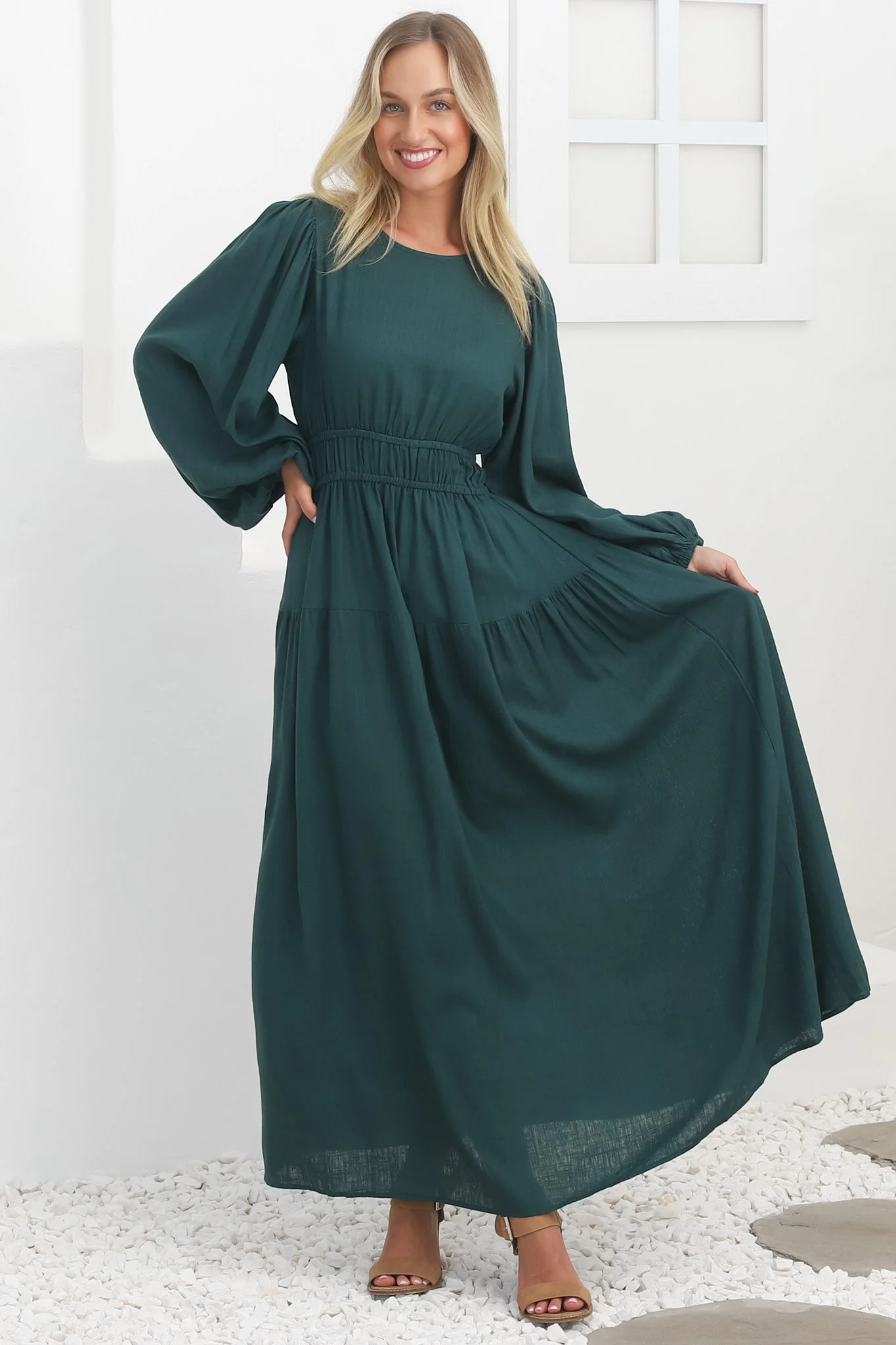 Sheyne Maxi Dress - Long Balloon Sleeve Elasicated Waist A Line Dress in Green - Image 19