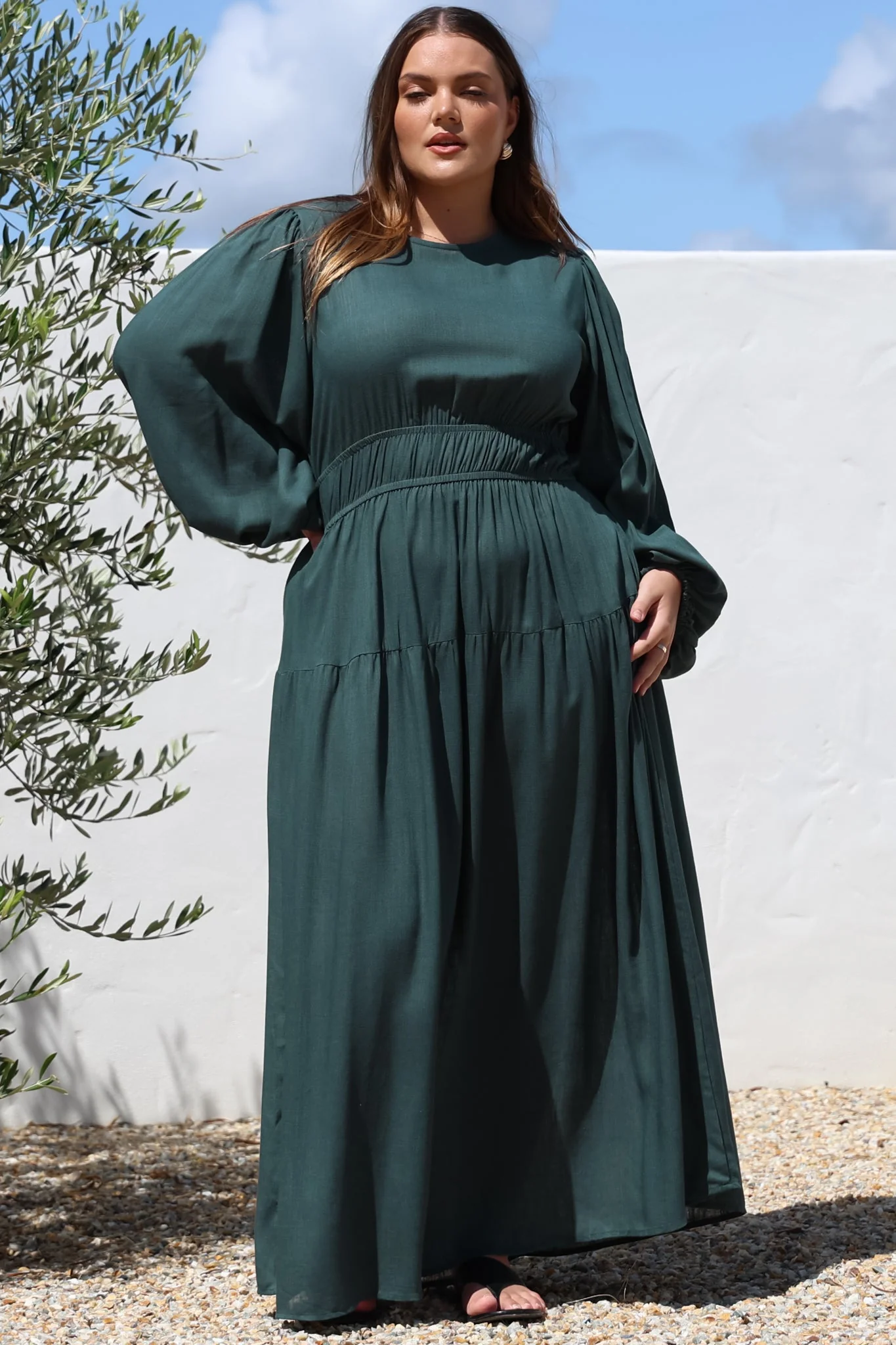 Sheyne Maxi Dress - Long Balloon Sleeve Elasicated Waist A Line Dress in Green - Image 20