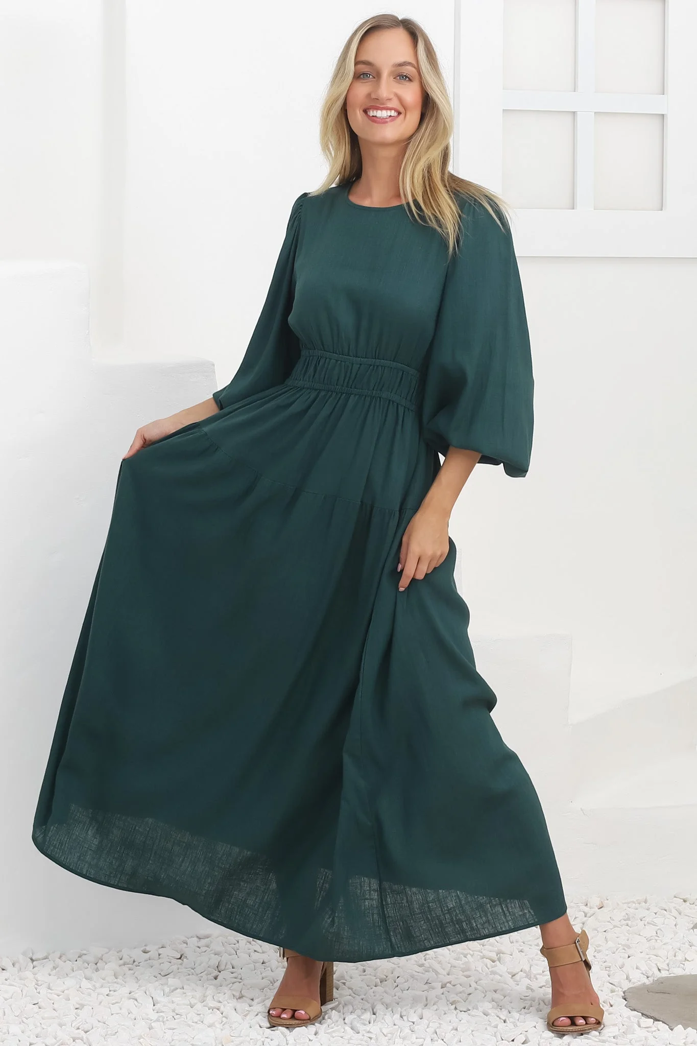 Sheyne Maxi Dress - Long Balloon Sleeve Elasicated Waist A Line Dress in Green - Image 21