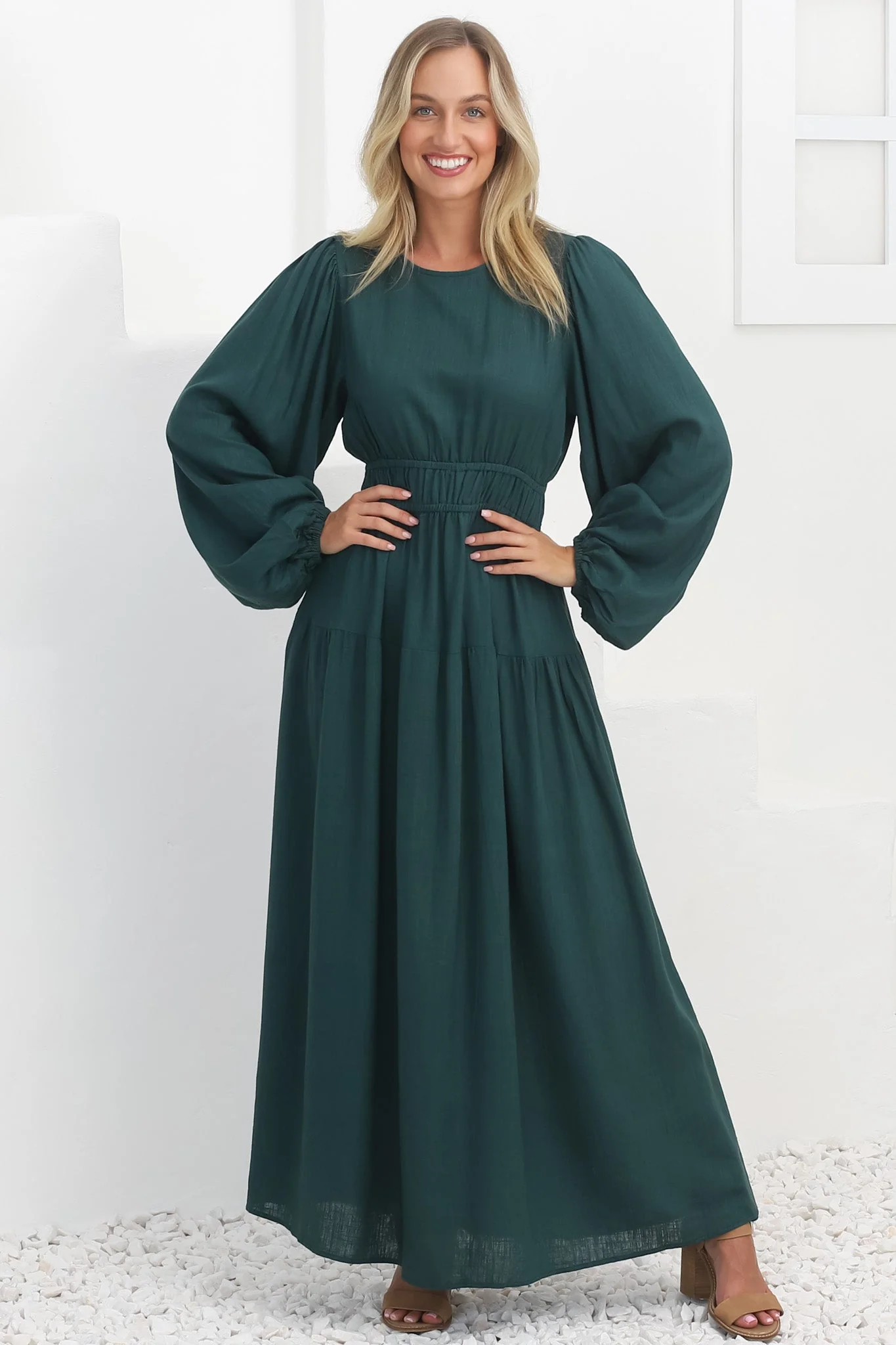 Sheyne Maxi Dress - Long Balloon Sleeve Elasicated Waist A Line Dress in Green - Image 22