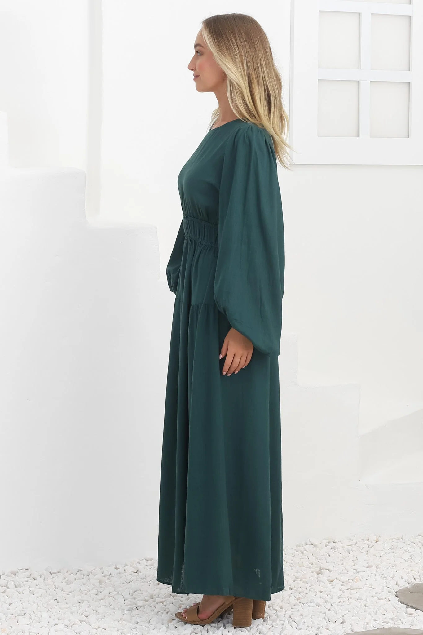 Sheyne Maxi Dress - Long Balloon Sleeve Elasicated Waist A Line Dress in Green - Image 23