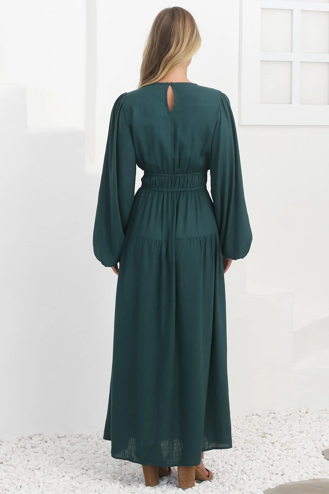 Sheyne Maxi Dress - Long Balloon Sleeve Elasicated Waist A Line Dress in Green - Image 24
