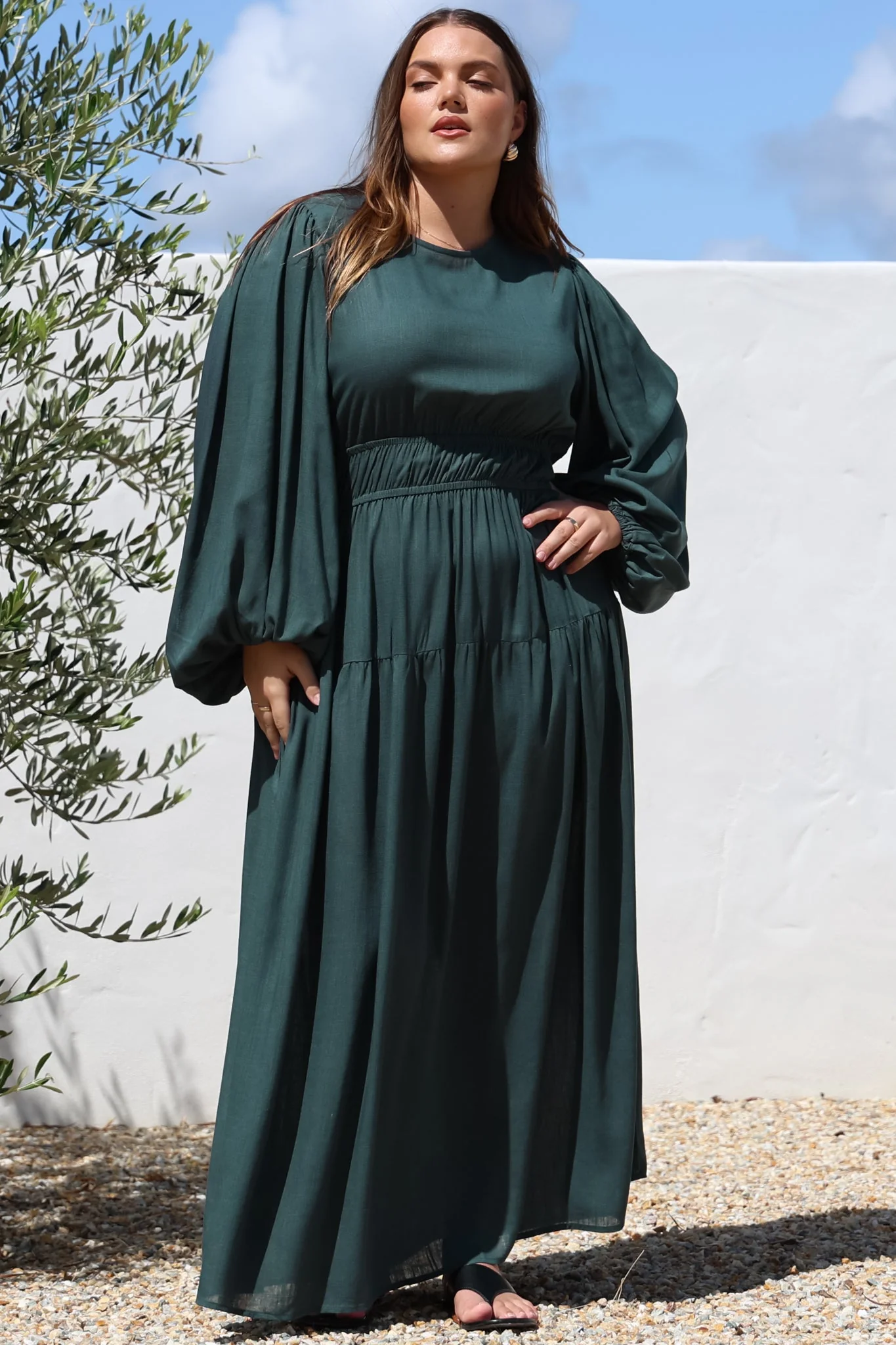 Sheyne Maxi Dress - Long Balloon Sleeve Elasicated Waist A Line Dress in Green - Image 3