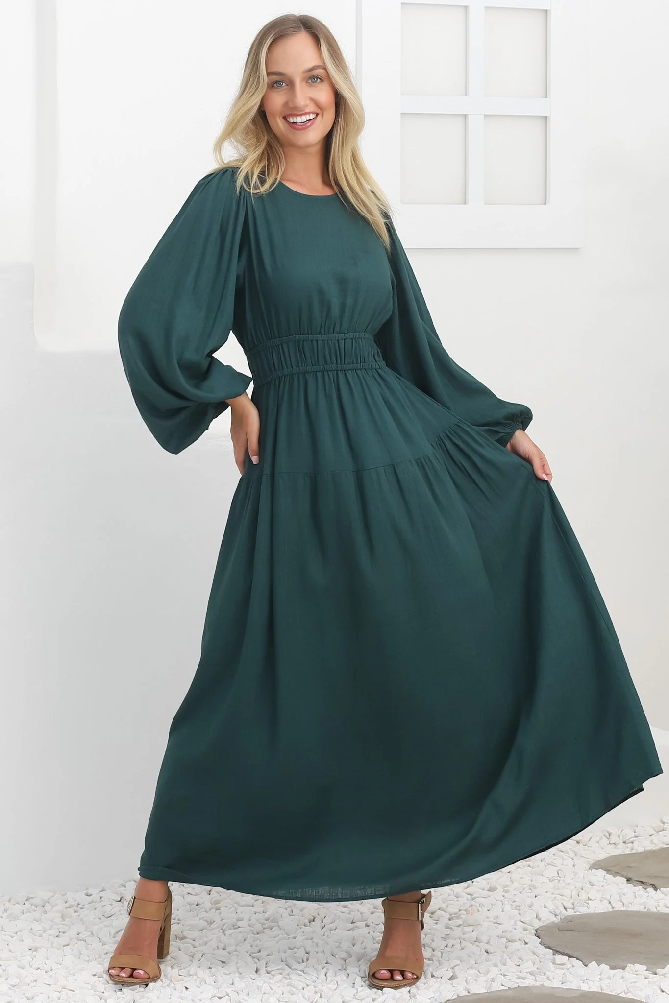 Sheyne Maxi Dress - Long Balloon Sleeve Elasicated Waist A Line Dress in Green - Image 4
