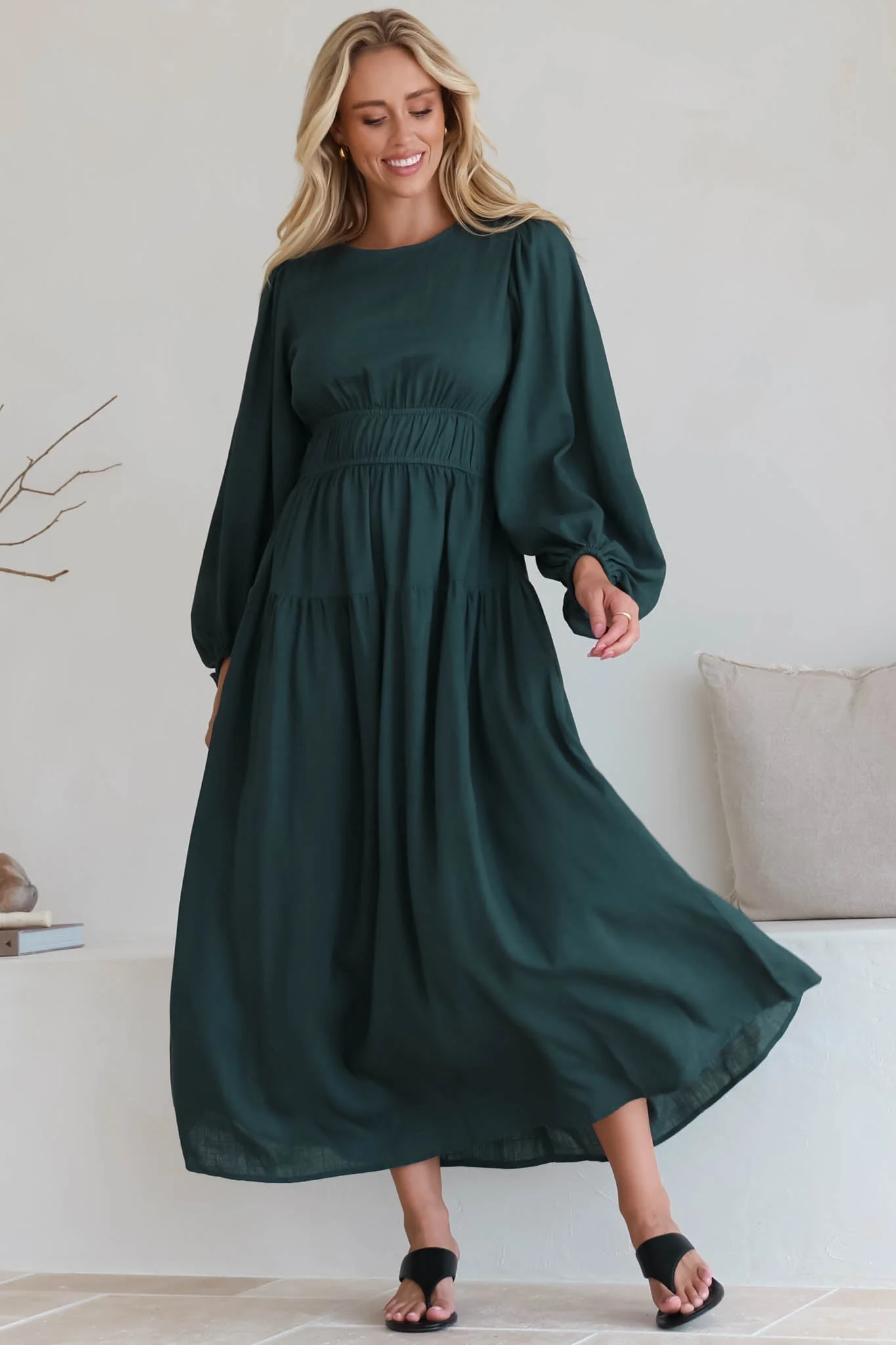 Sheyne Maxi Dress - Long Balloon Sleeve Elasicated Waist A Line Dress in Green - Image 5
