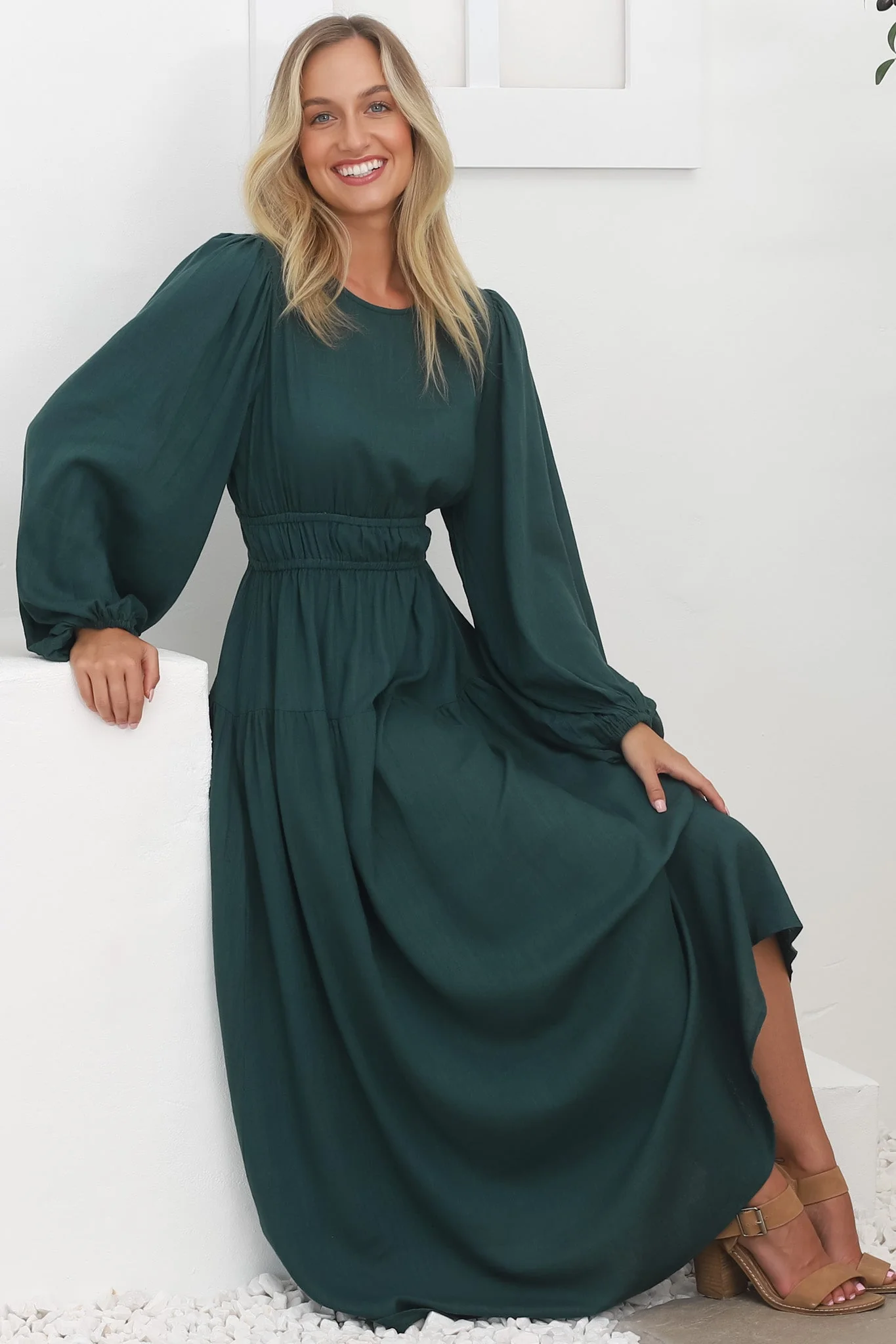 Sheyne Maxi Dress - Long Balloon Sleeve Elasicated Waist A Line Dress in Green - Image 6