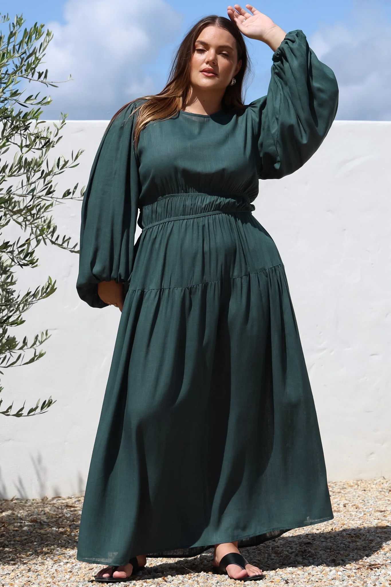 Sheyne Maxi Dress - Long Balloon Sleeve Elasicated Waist A Line Dress in Green - Image 7