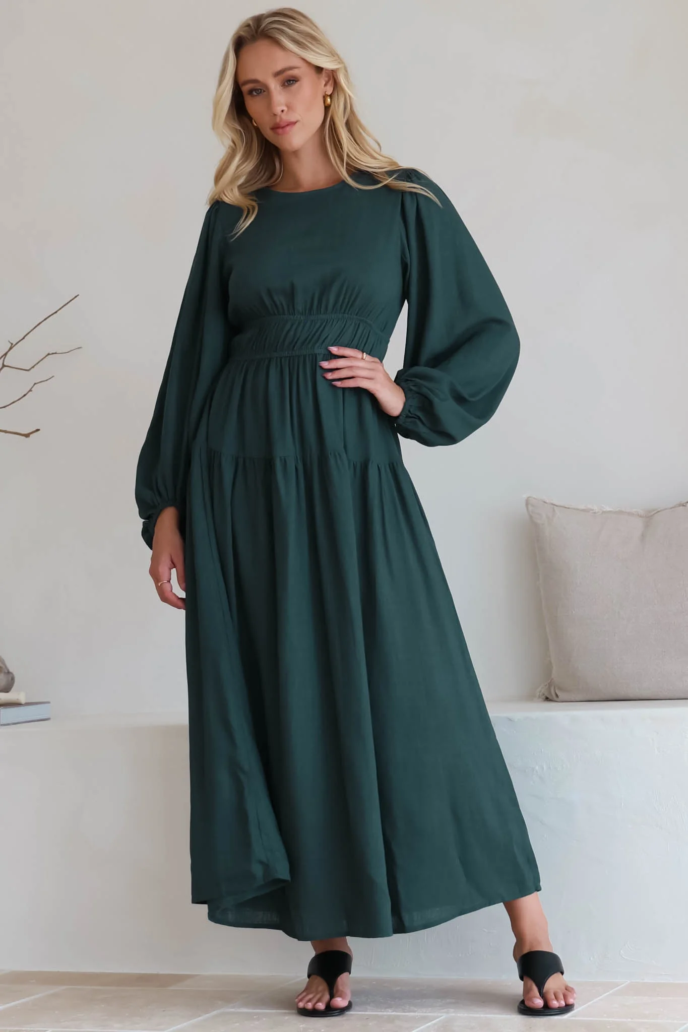 Sheyne Maxi Dress - Long Balloon Sleeve Elasicated Waist A Line Dress in Green - Image 8