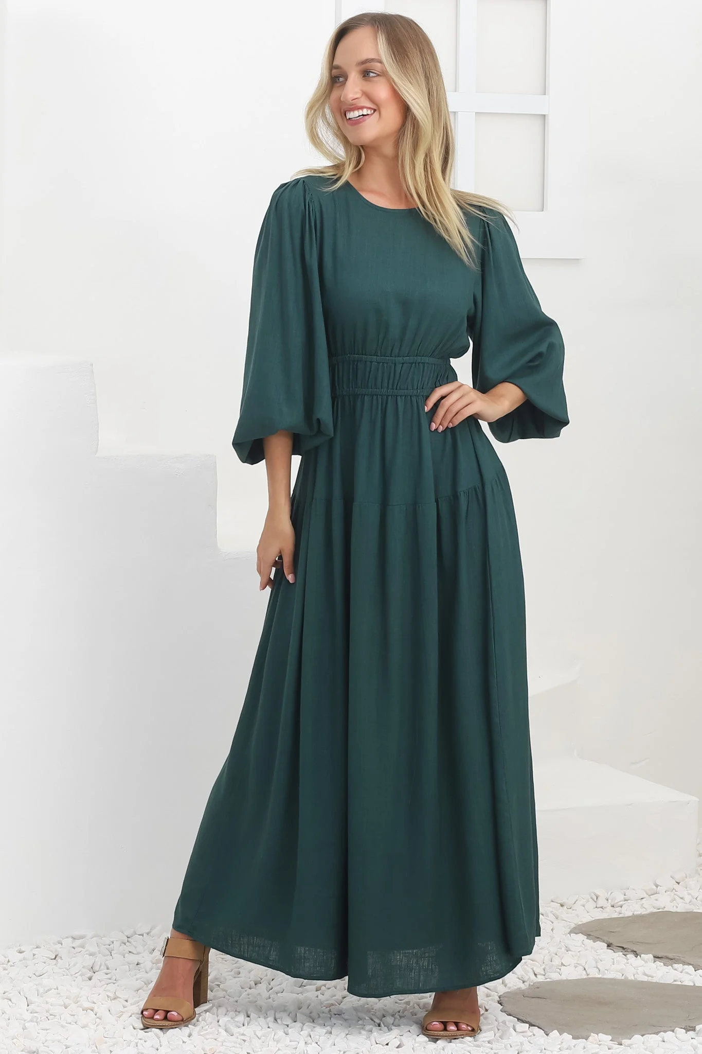 Sheyne Maxi Dress - Long Balloon Sleeve Elasicated Waist A Line Dress in Green - Image 9