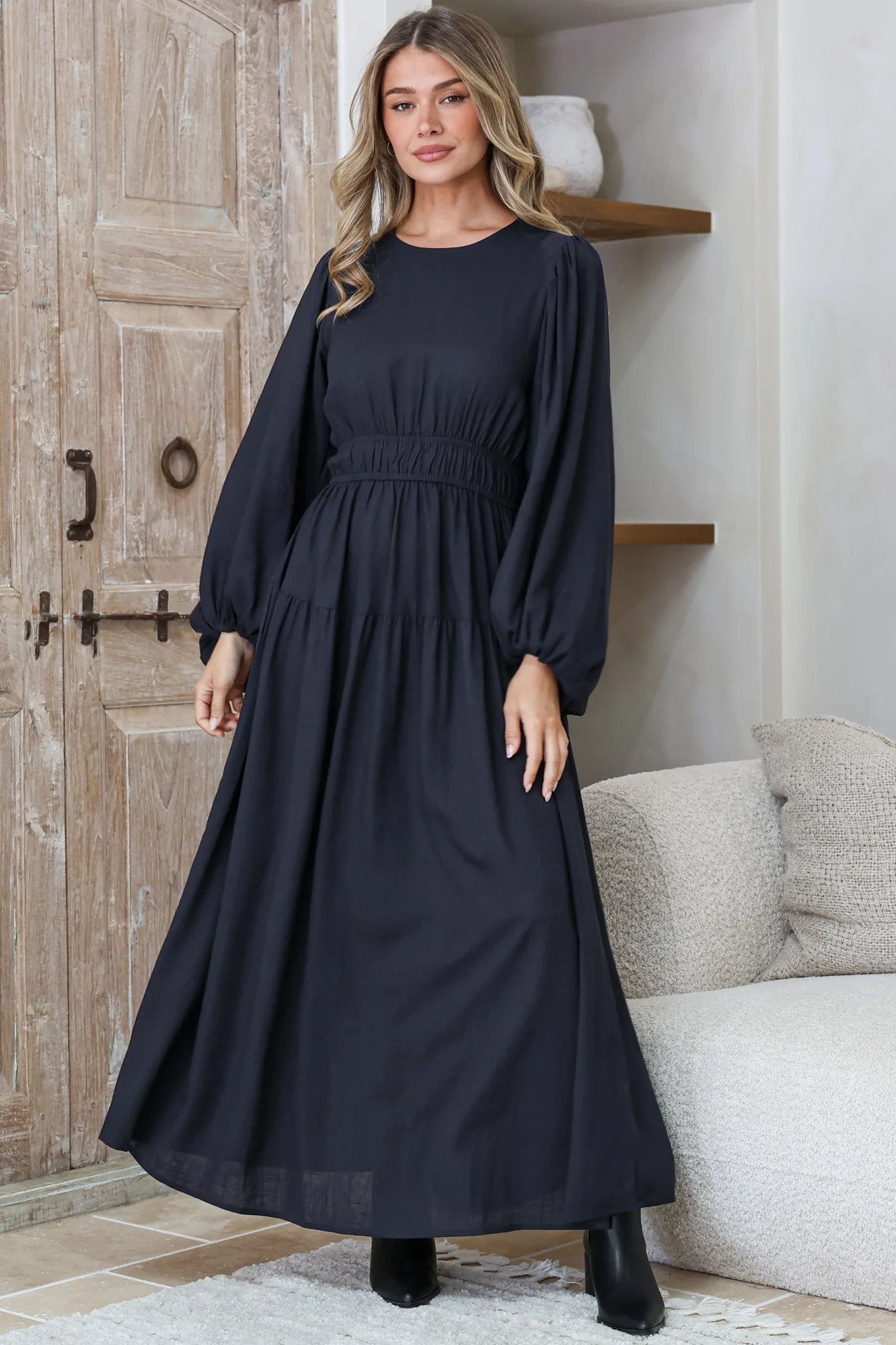 Sheyne Maxi Dress - Long Balloon Sleeve Elasicated Waist A Line Dress in Navy - Image 2