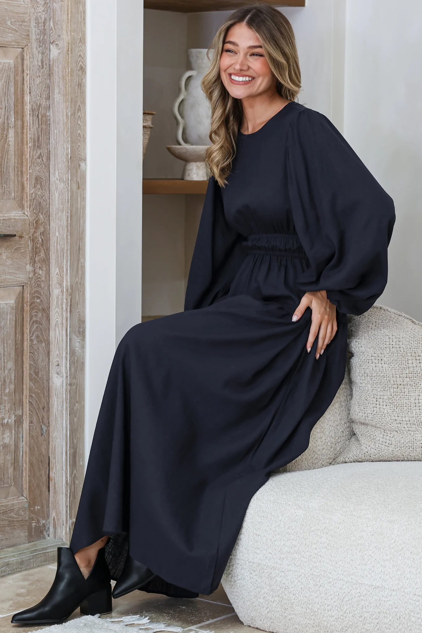 Sheyne Maxi Dress - Long Balloon Sleeve Elasicated Waist A Line Dress in Navy - Image 3