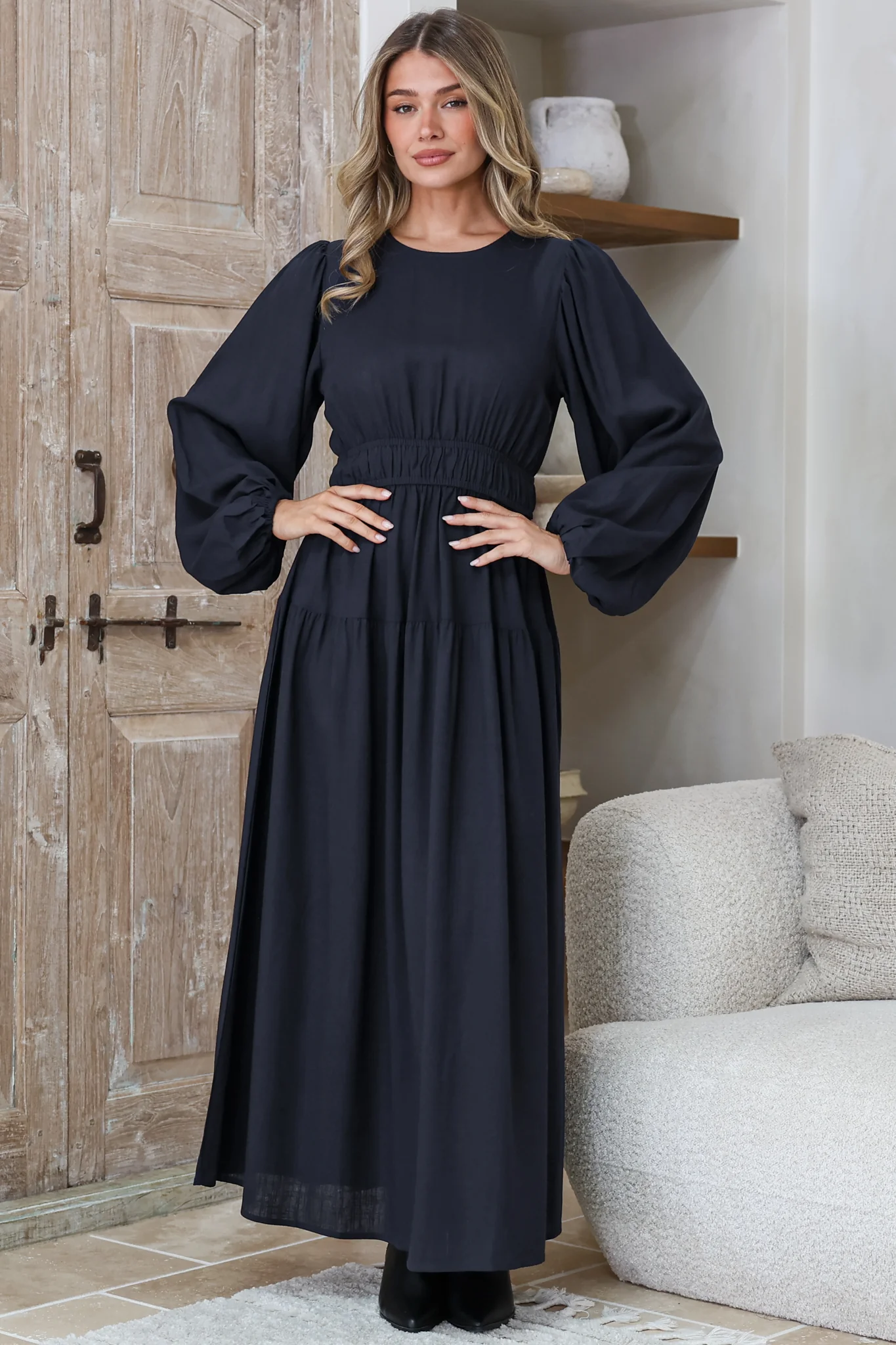 Sheyne Maxi Dress - Long Balloon Sleeve Elasicated Waist A Line Dress in Navy - Image 4