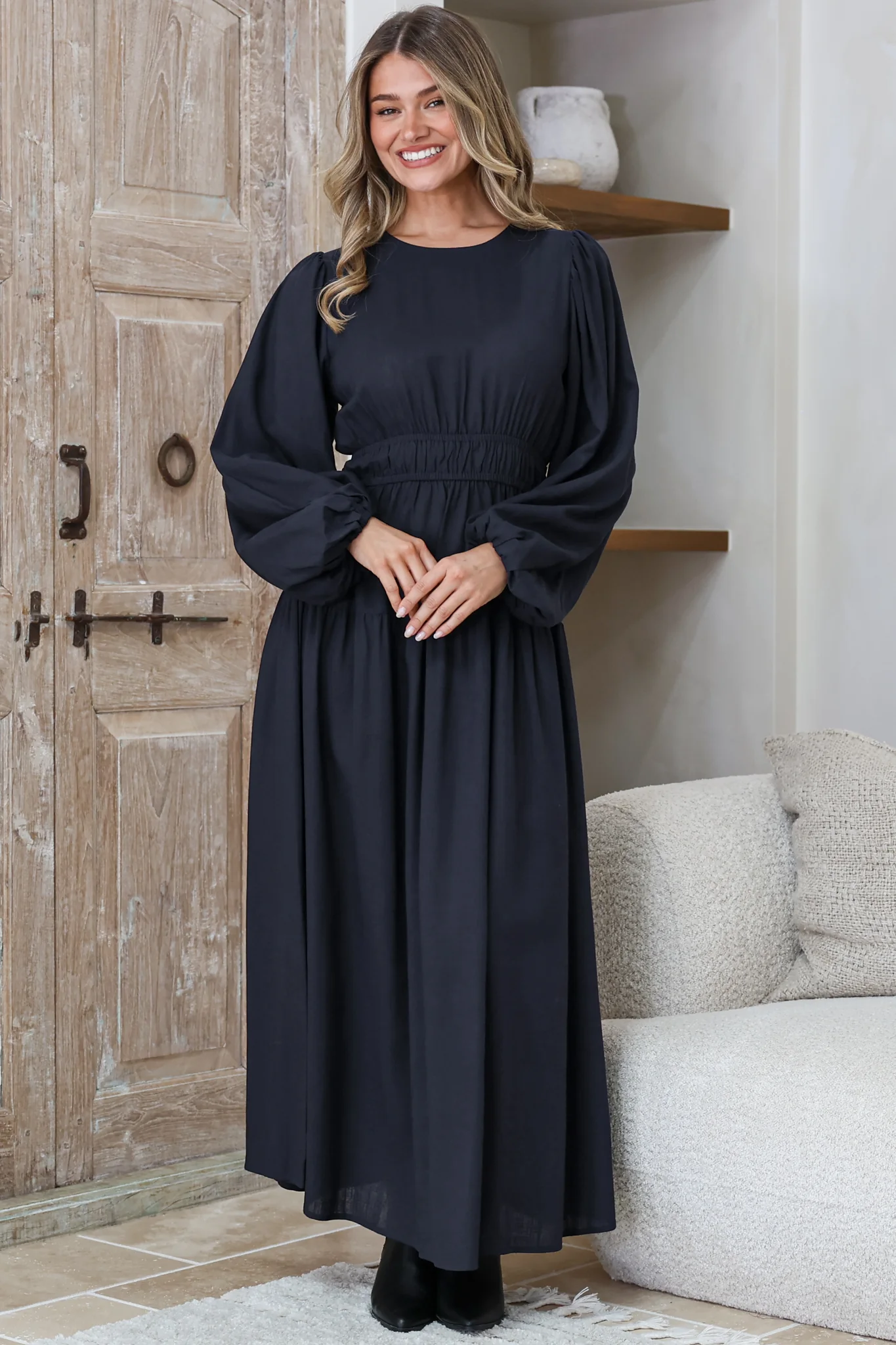 Sheyne Maxi Dress - Long Balloon Sleeve Elasicated Waist A Line Dress in Navy - Image 6