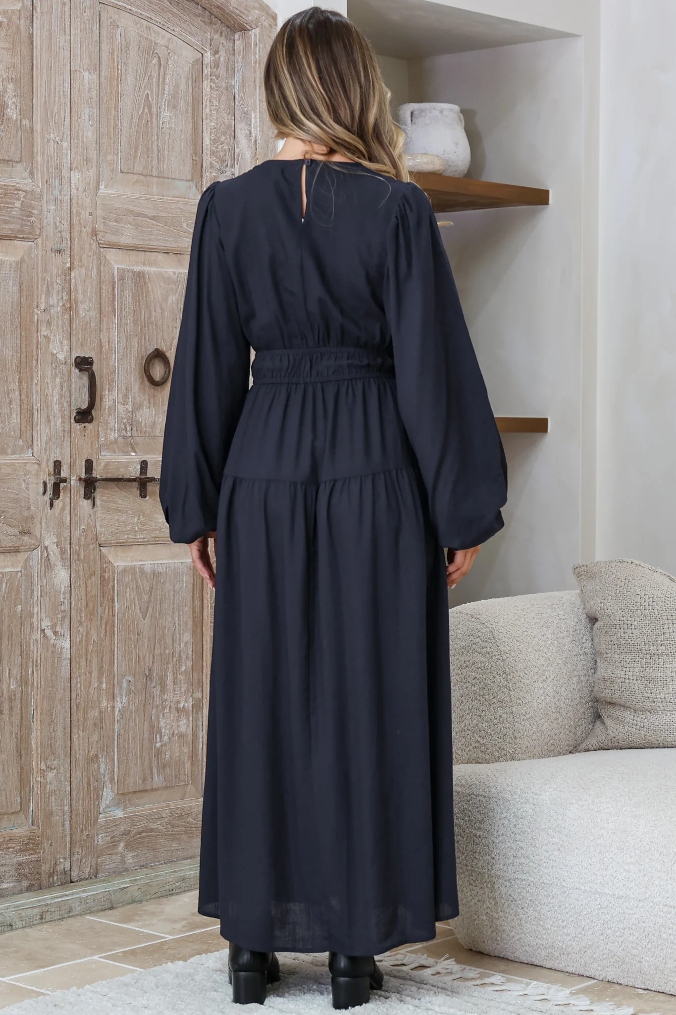 Sheyne Maxi Dress - Long Balloon Sleeve Elasicated Waist A Line Dress in Navy - Image 8