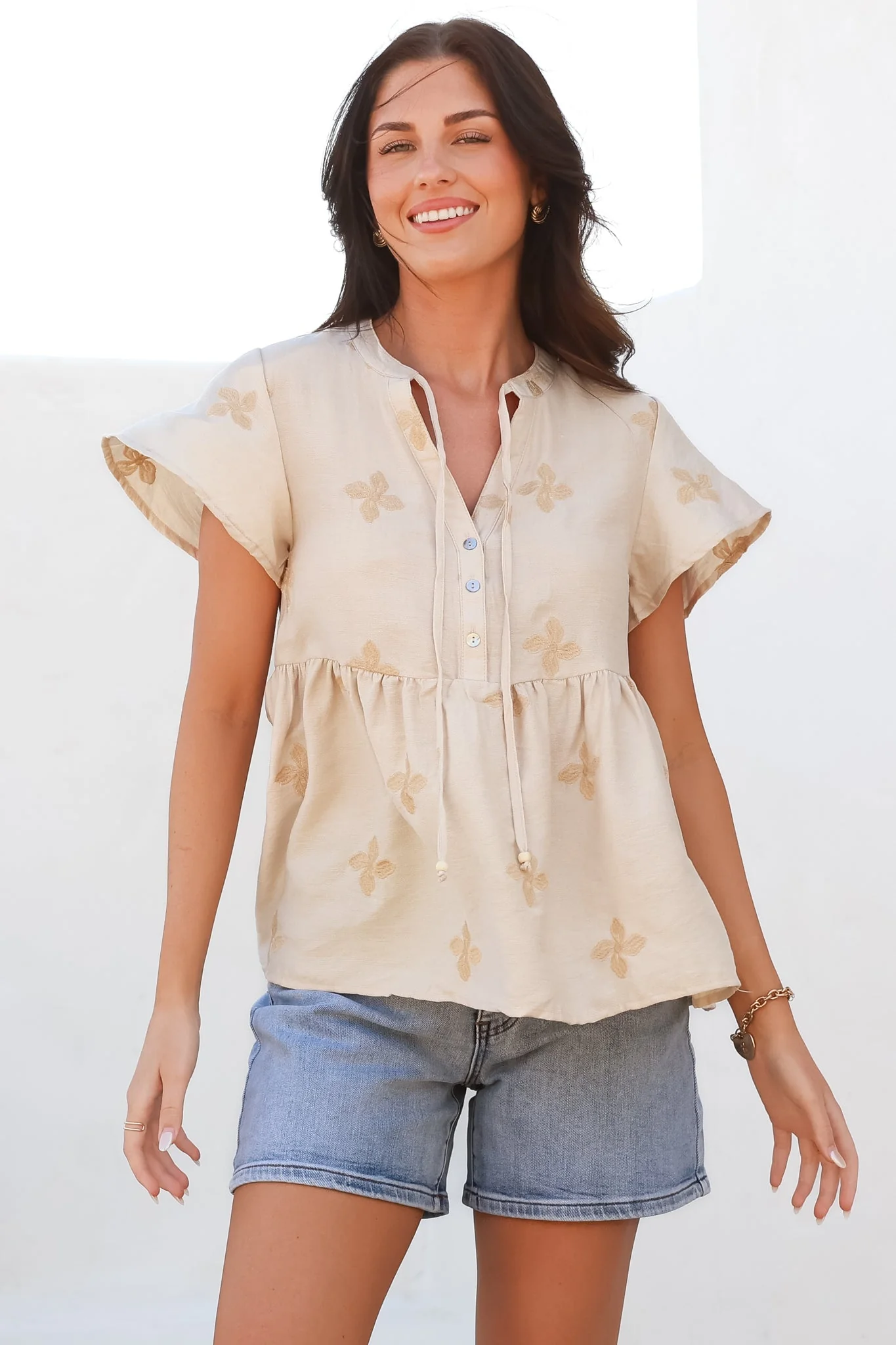 Siempre Top - Mandarin Collar Peplum Hem Top in Gigi Print Beige - Image 7