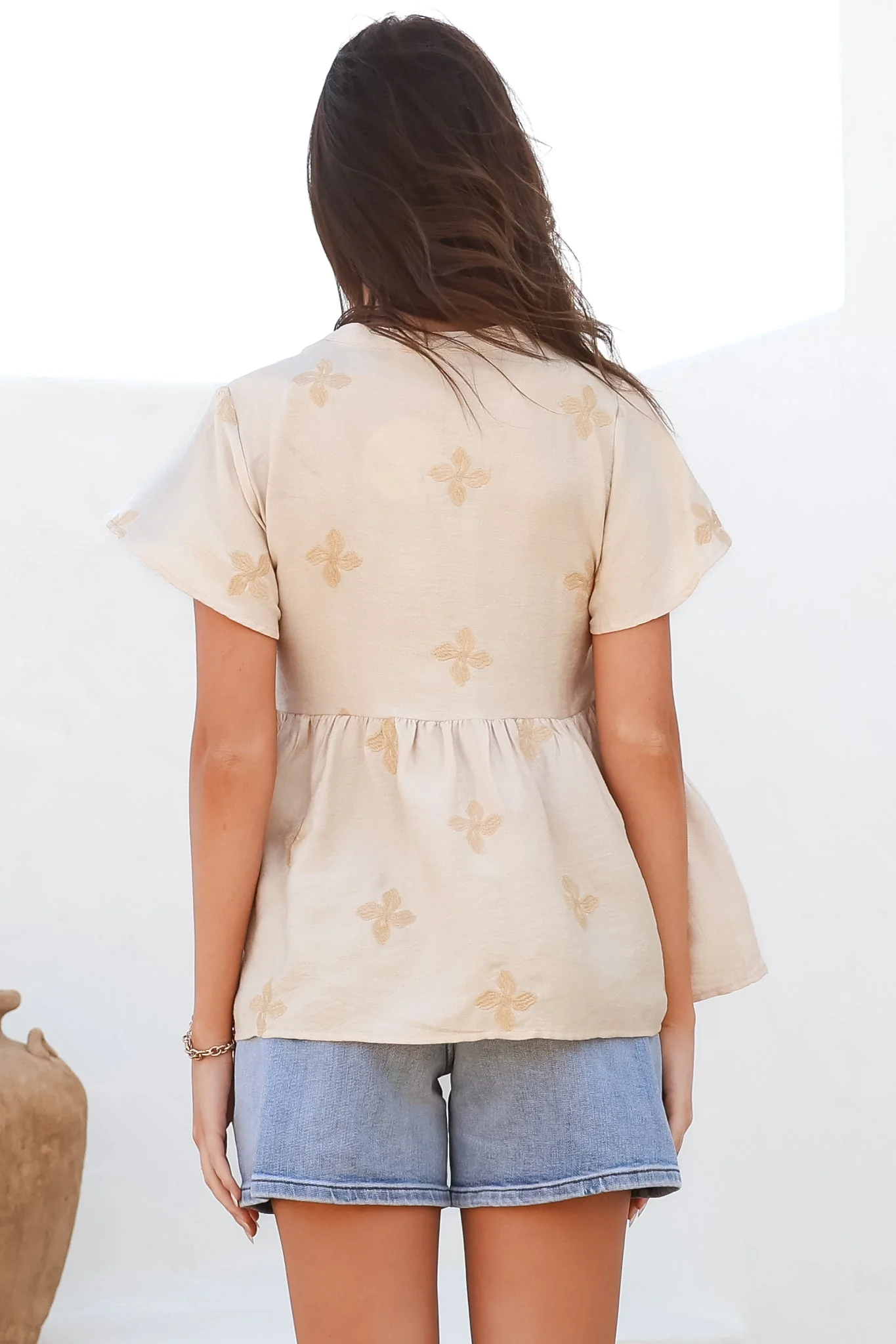 Siempre Top - Mandarin Collar Peplum Hem Top in Gigi Print Beige - Image 9