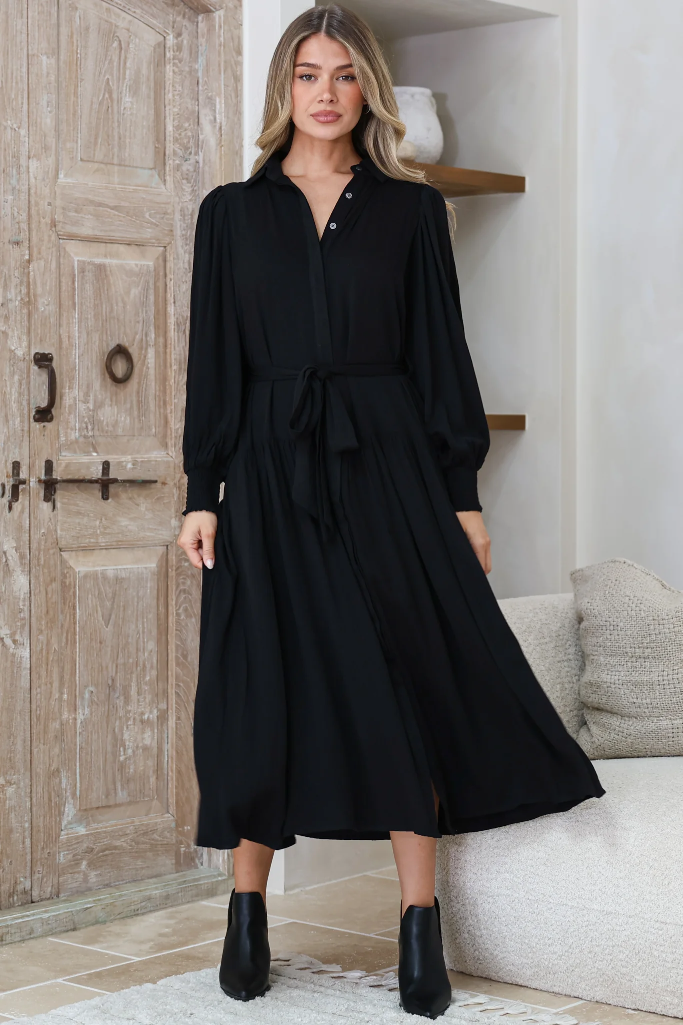 Skandi Midi Dress - Button Down Billow Sleeve Shirt Dress with Waist Tie in Black - Image 3