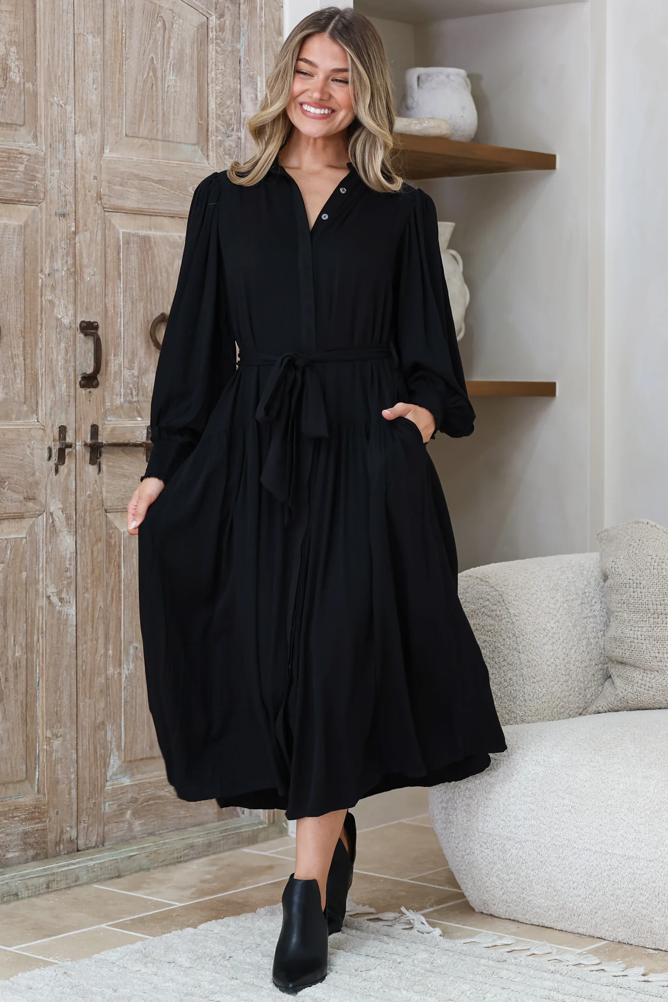 Skandi Midi Dress - Button Down Billow Sleeve Shirt Dress with Waist Tie in Black - Image 5