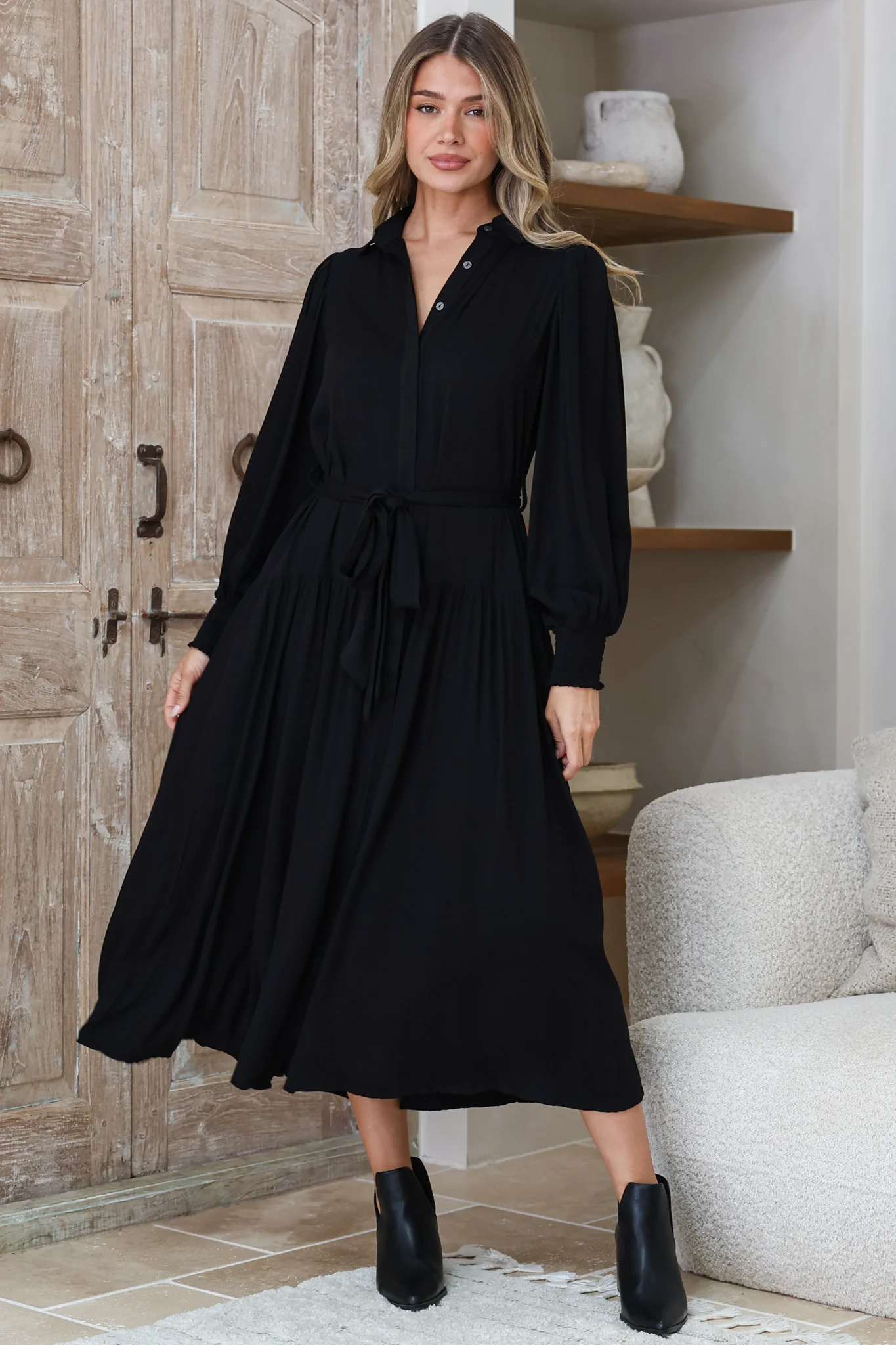 Skandi Midi Dress - Button Down Billow Sleeve Shirt Dress with Waist Tie in Black - Image 7