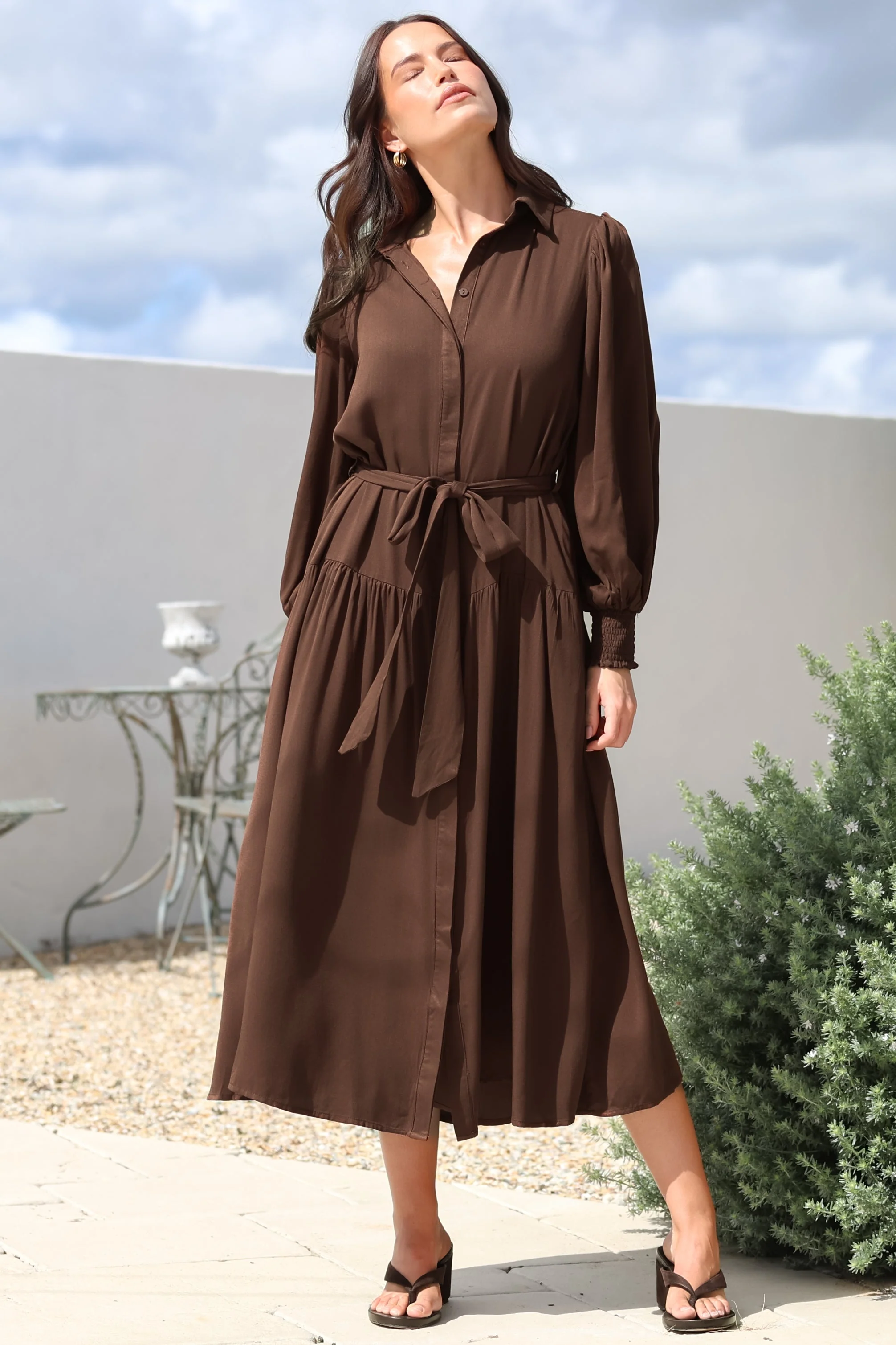 Skandi Midi Dress - Button Down Billow Sleeve Shirt Dress with Waist Tie in Chocolate - Image 4